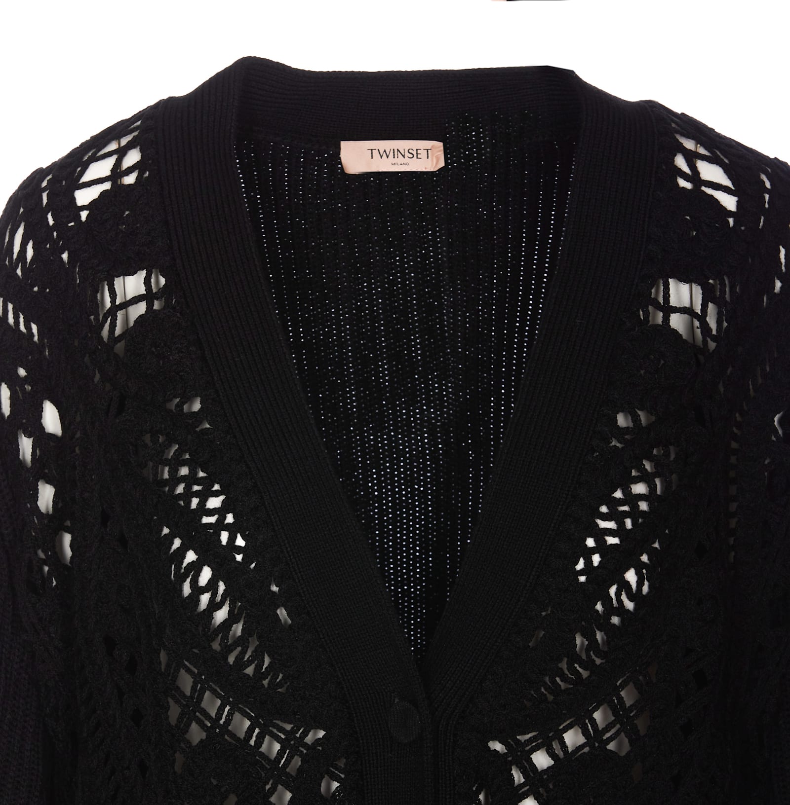 Shop Twinset Crochet Wool Cardigan In Black