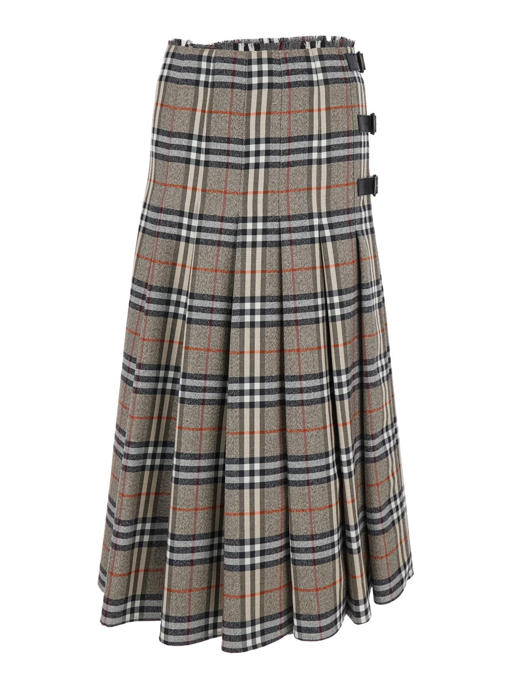 Beige Midi Skirt With Side Buckle Closure And All-over Check Motif In Wool Woman