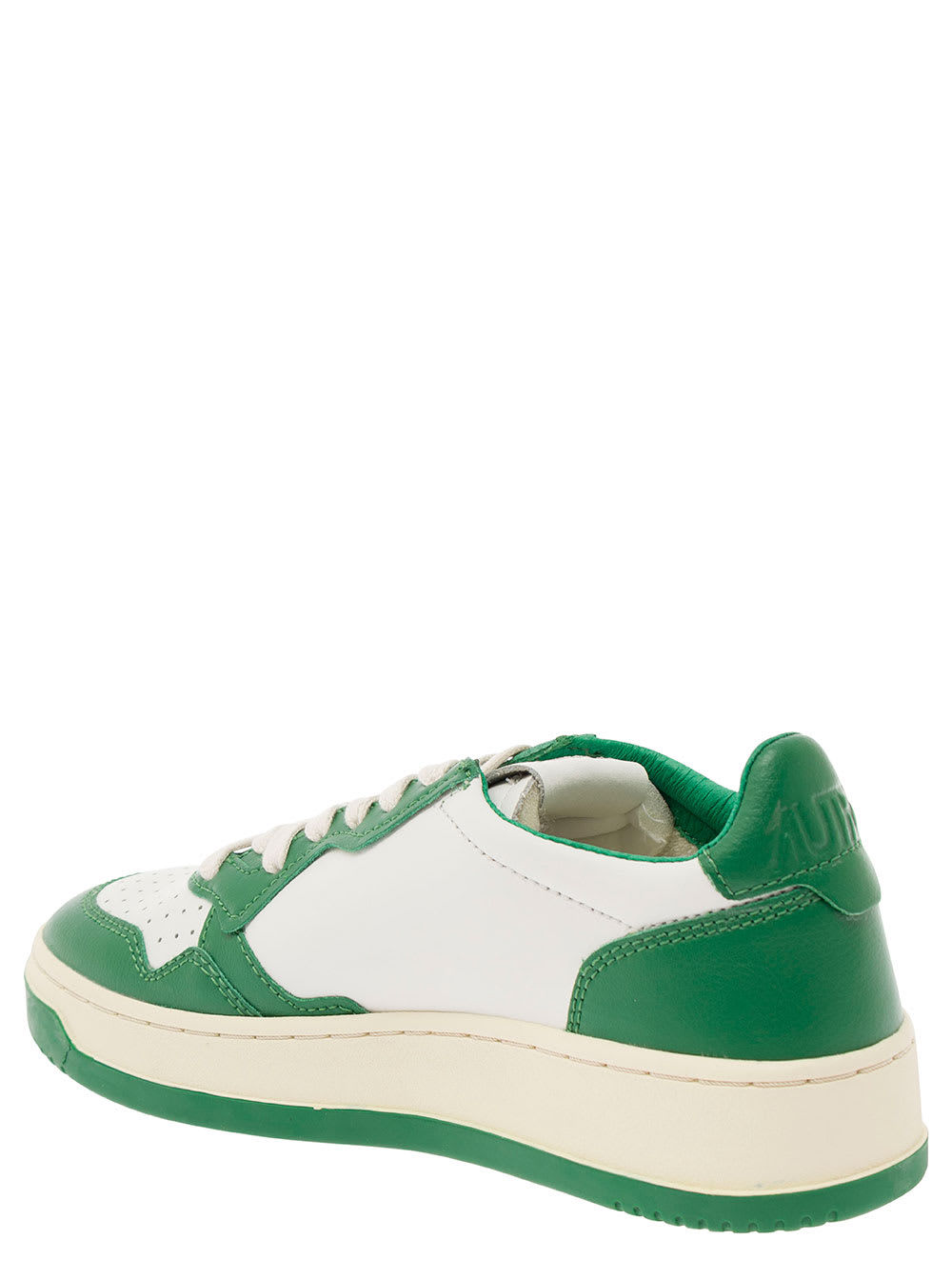 Shop Autry Medalist White And Green Low Top Sneakers With Logo Patch In Leather Woman In Multicolor