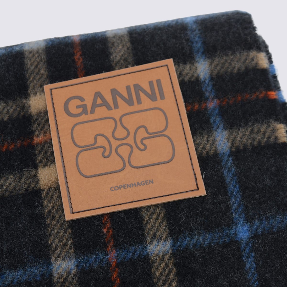 Ganni Fringed Plaid Pattern Scarf Accessory In Blue