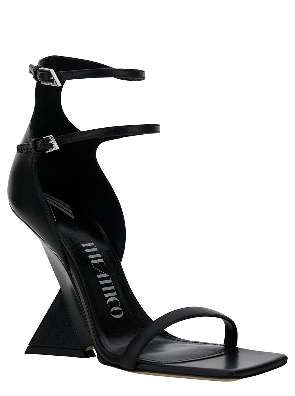 Shop Attico Grace Black Sandals With Double Ankle Strap And Pyramid Wedge In Leather Woman