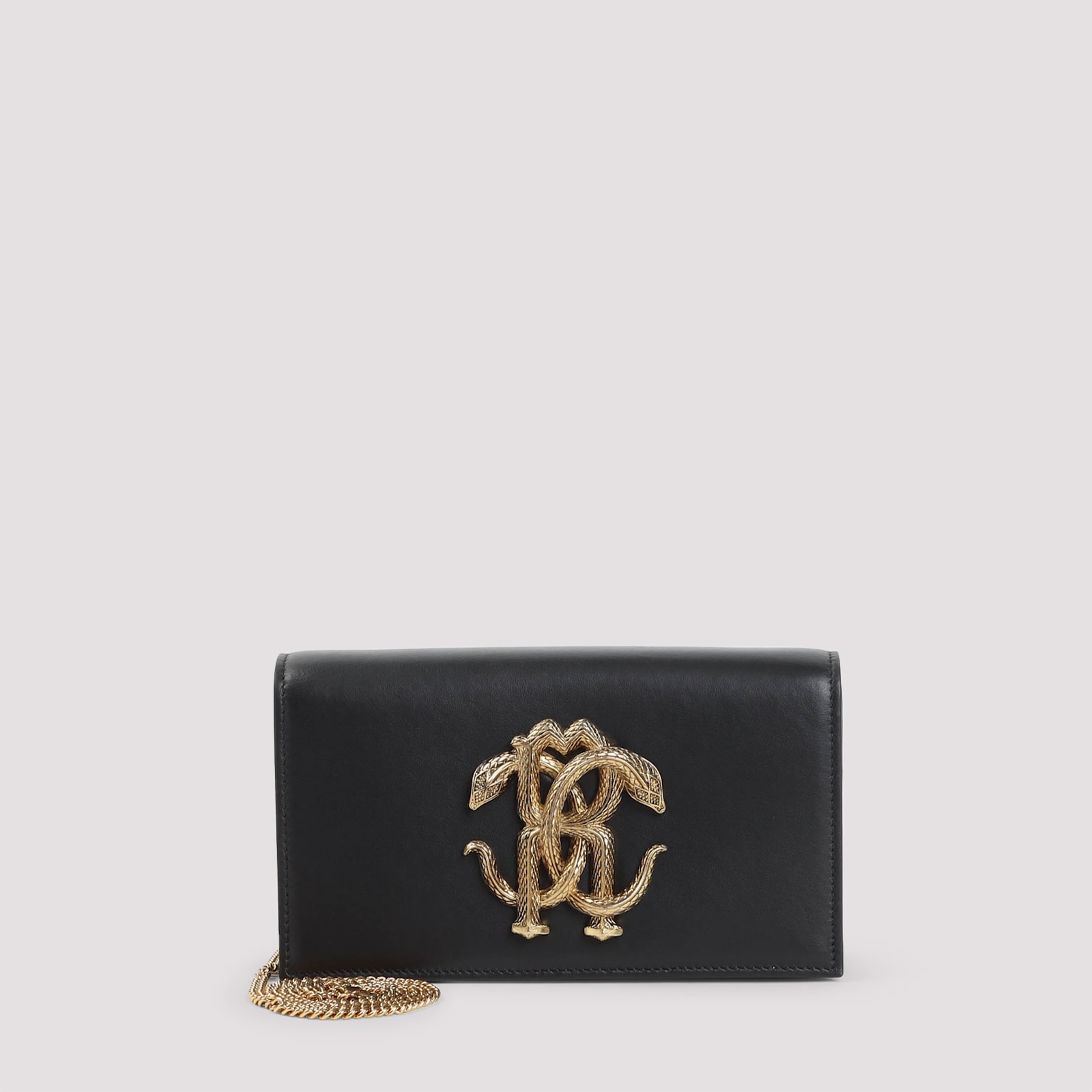 Roberto Cavalli Black Leather Shoulder Bag With Gold Emblem In Black