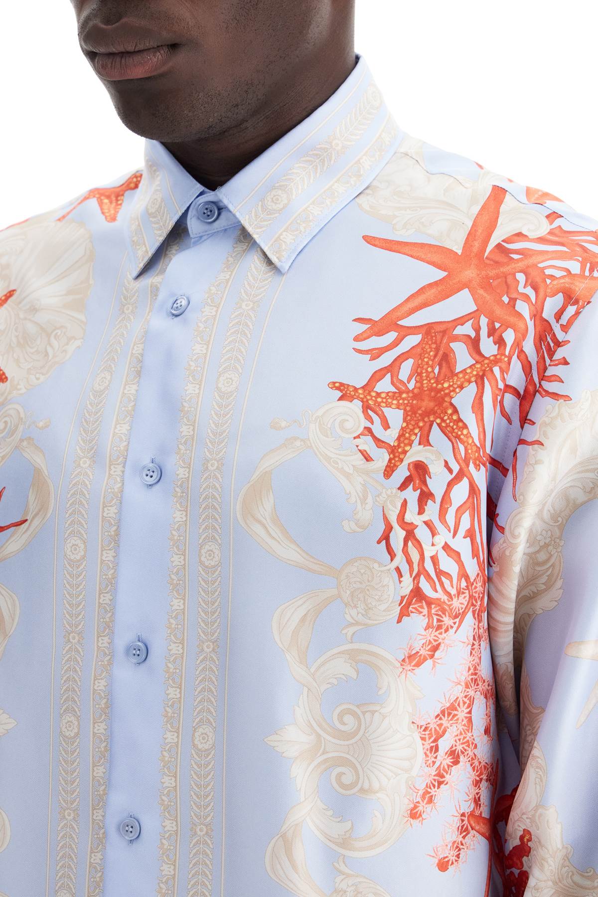 Shop Versace Barocco Sea Silk Shirt In Blue Hydrangea+coral+bone (light Blue)