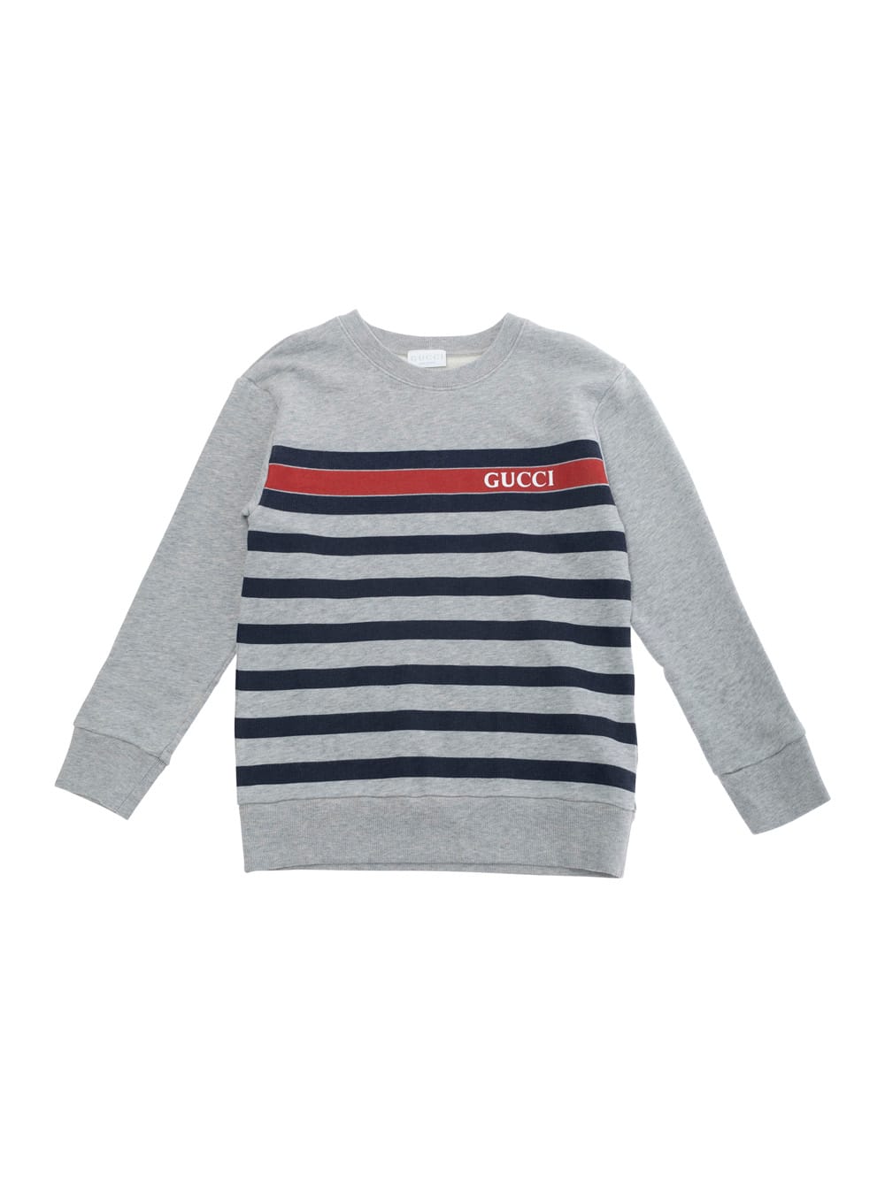 Gucci Grey Crewneck Sweatshirt With Logo Lettering On The Front And Striped Print In Cotton Boy In Gray