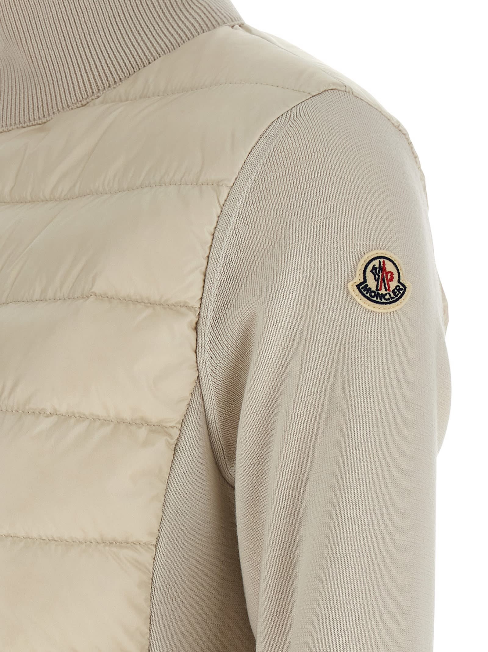 Moncler Quilted High Neck Two-material Cardigan With Feather Padding In Neutral
