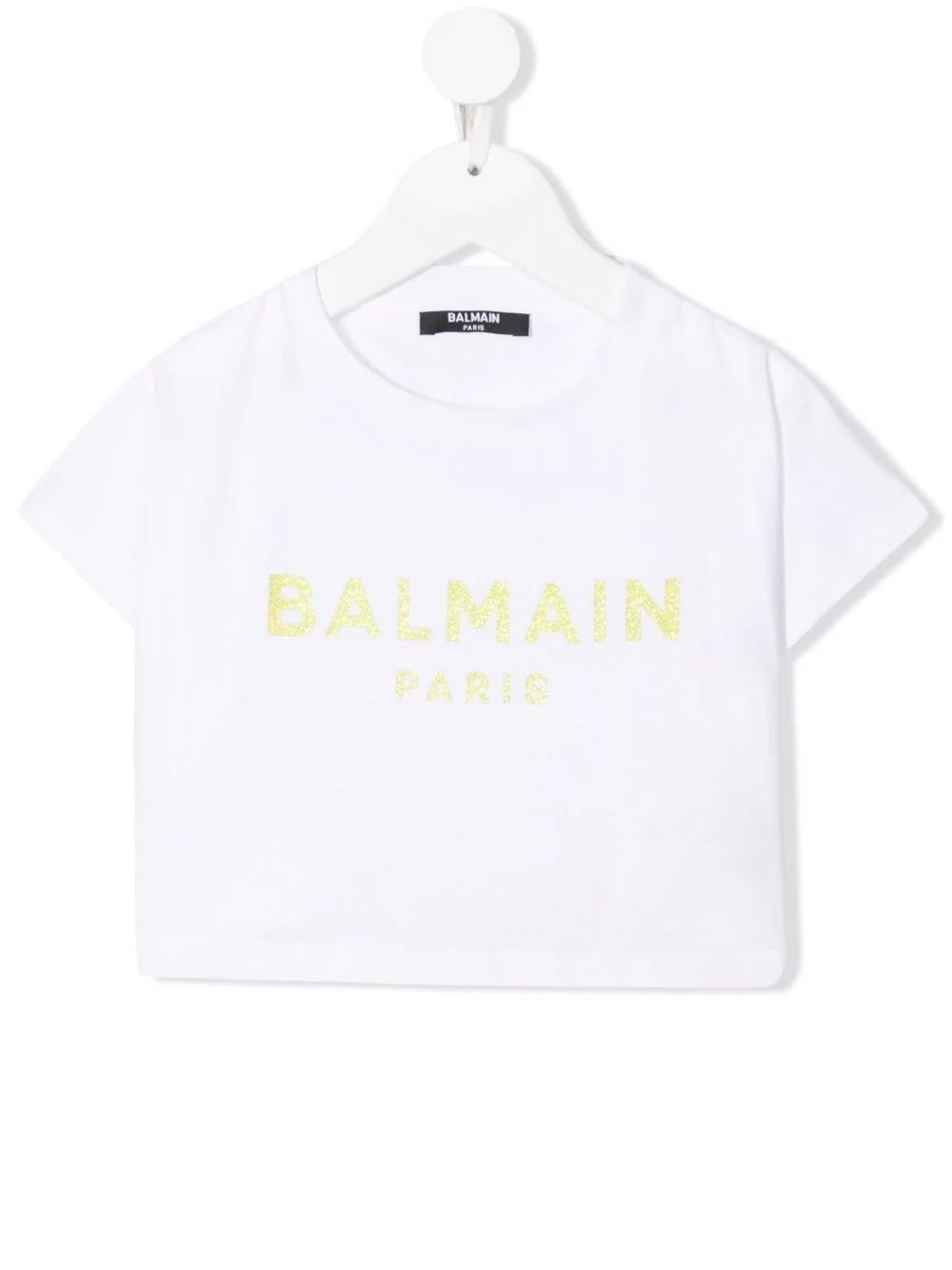 Balmain Kids White Crop T-shirt With Yellow Glitter Logo
