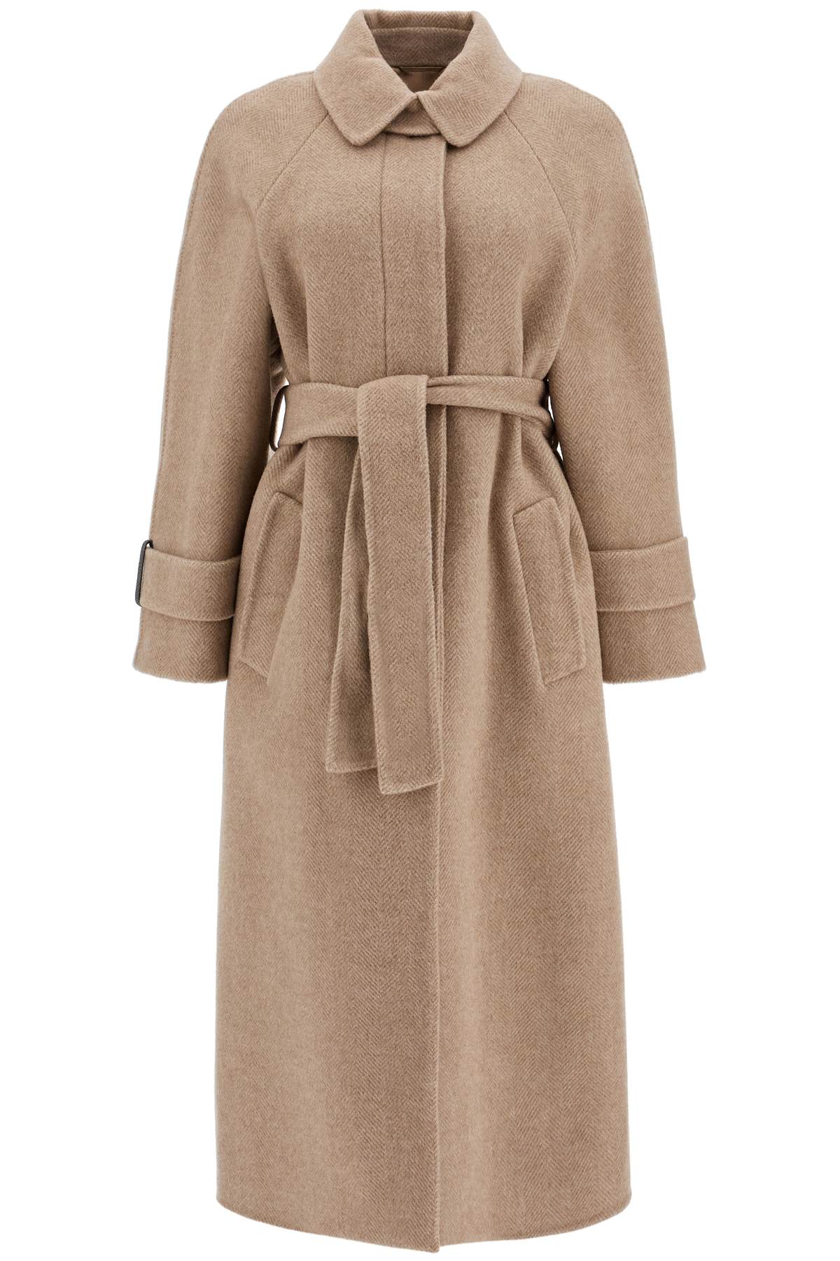 Shop Brunello Cucinelli Wool And Cashmere Coat With Belt. In Brown/panama (beige)