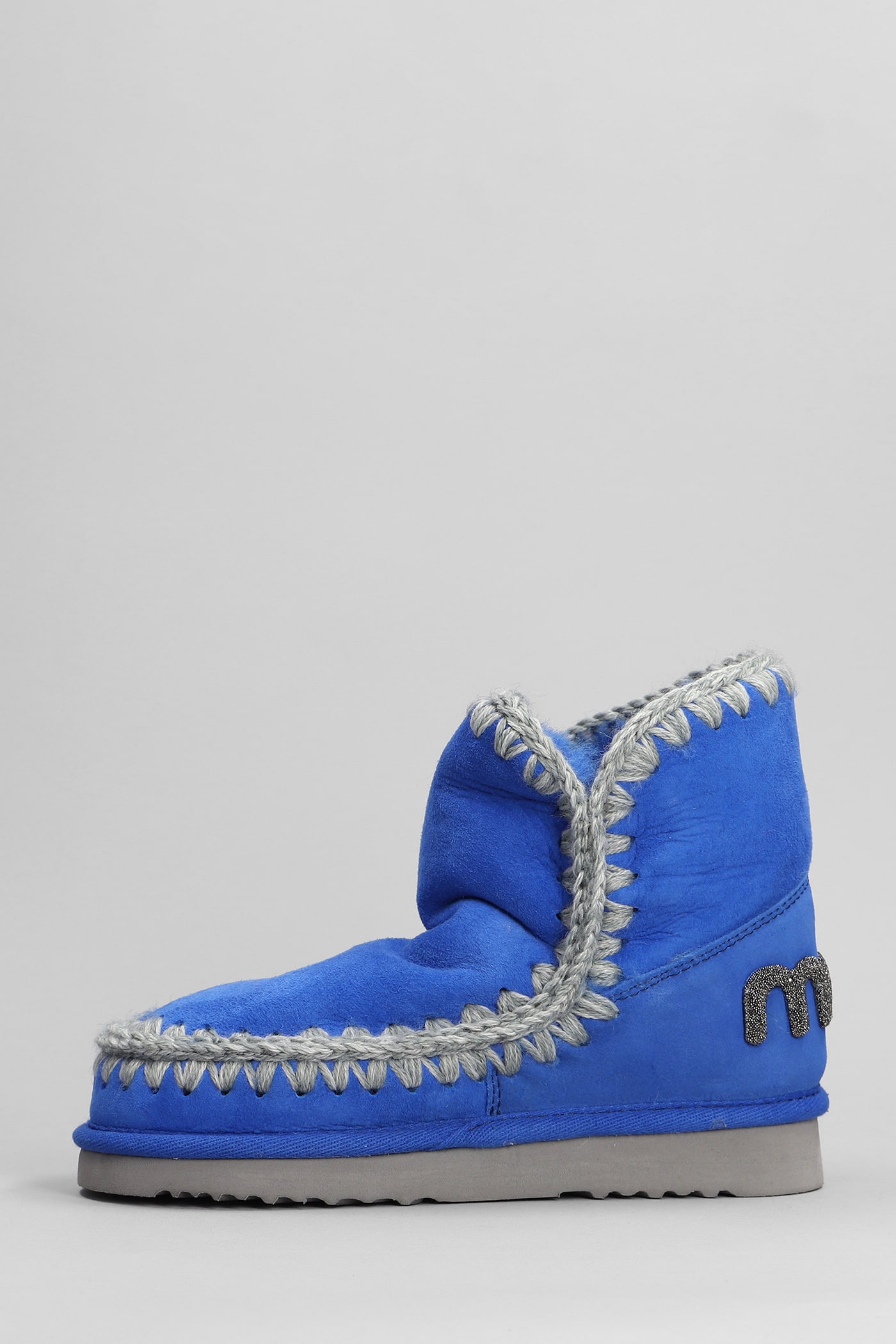 Shop Mou Eskimo 18 Low Heels Ankle Boots In Blue Suede