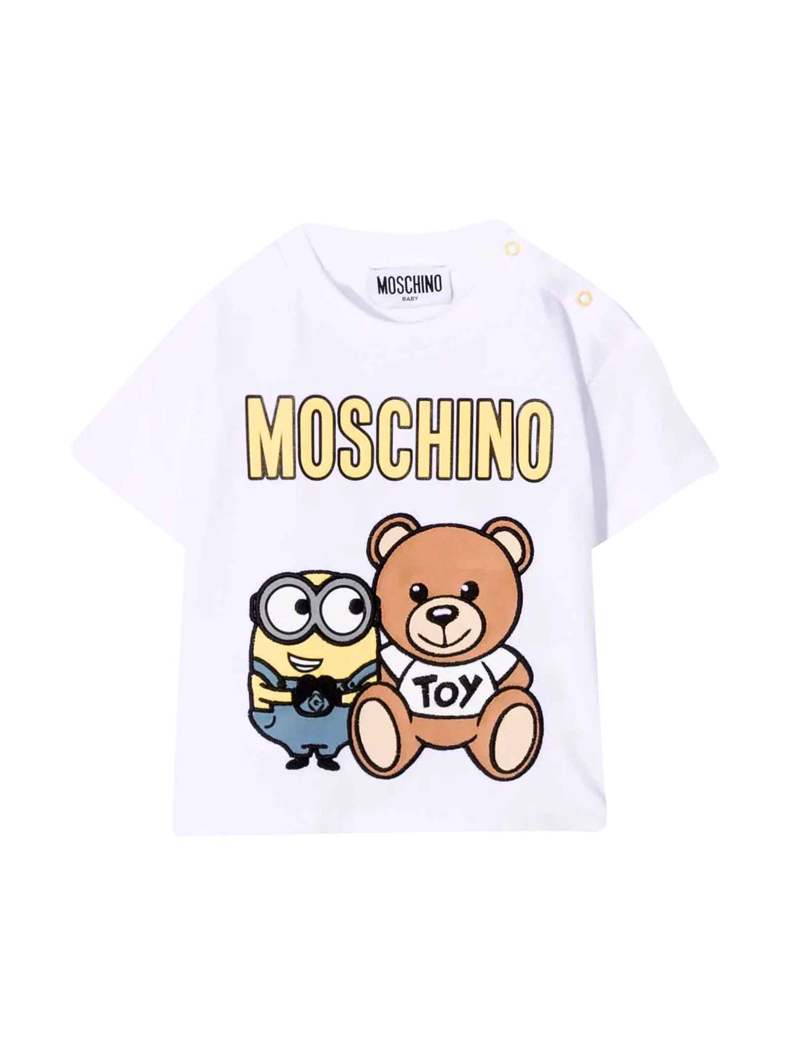 Moschino White Newborn T-shirt With Teddy Bear And Minions Print, Logo On The Front, Round Neck, Short Sleeves And Straight Hem By.