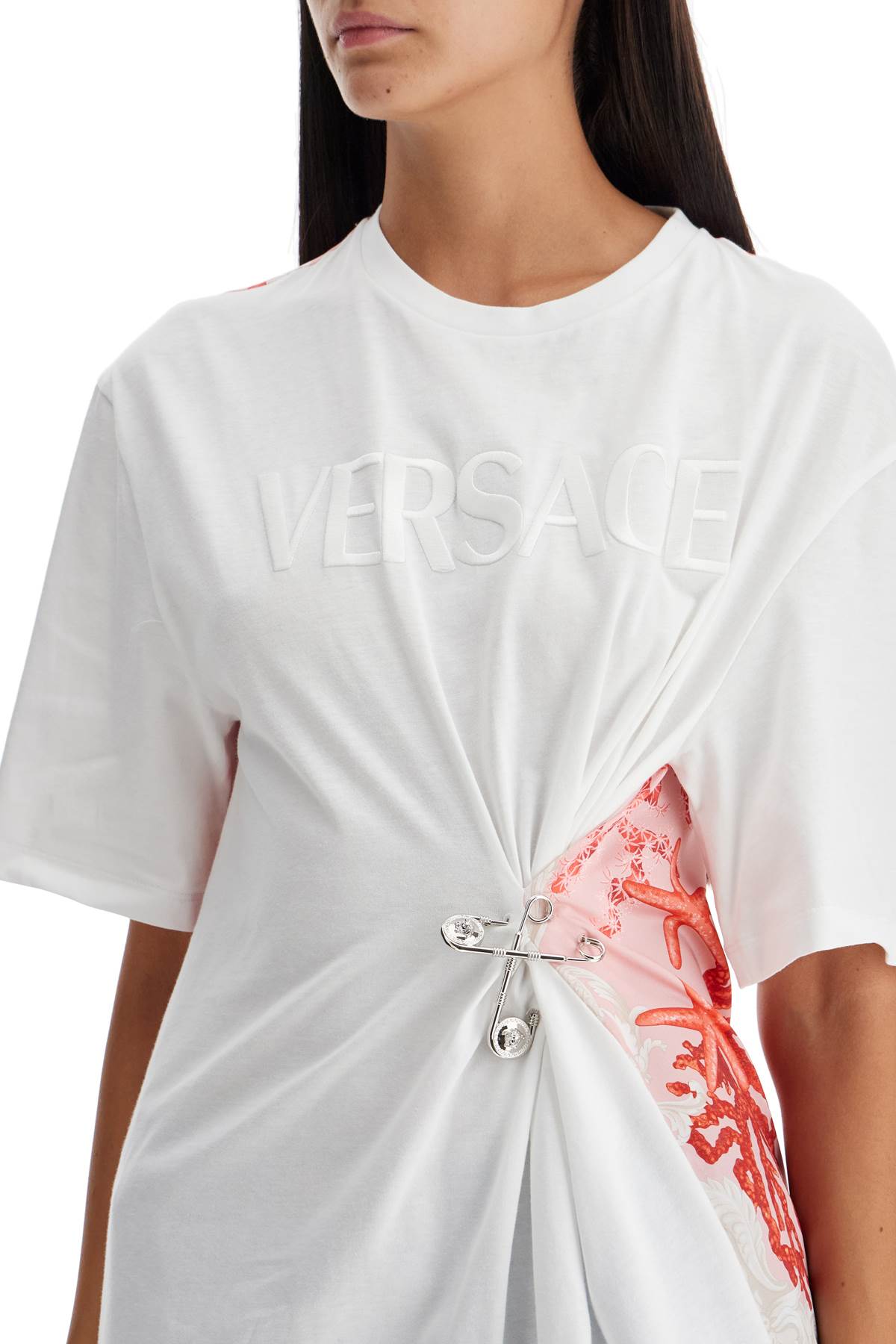 Versace Back Printed Cotton Crew-neck T-shirt With Pin In White