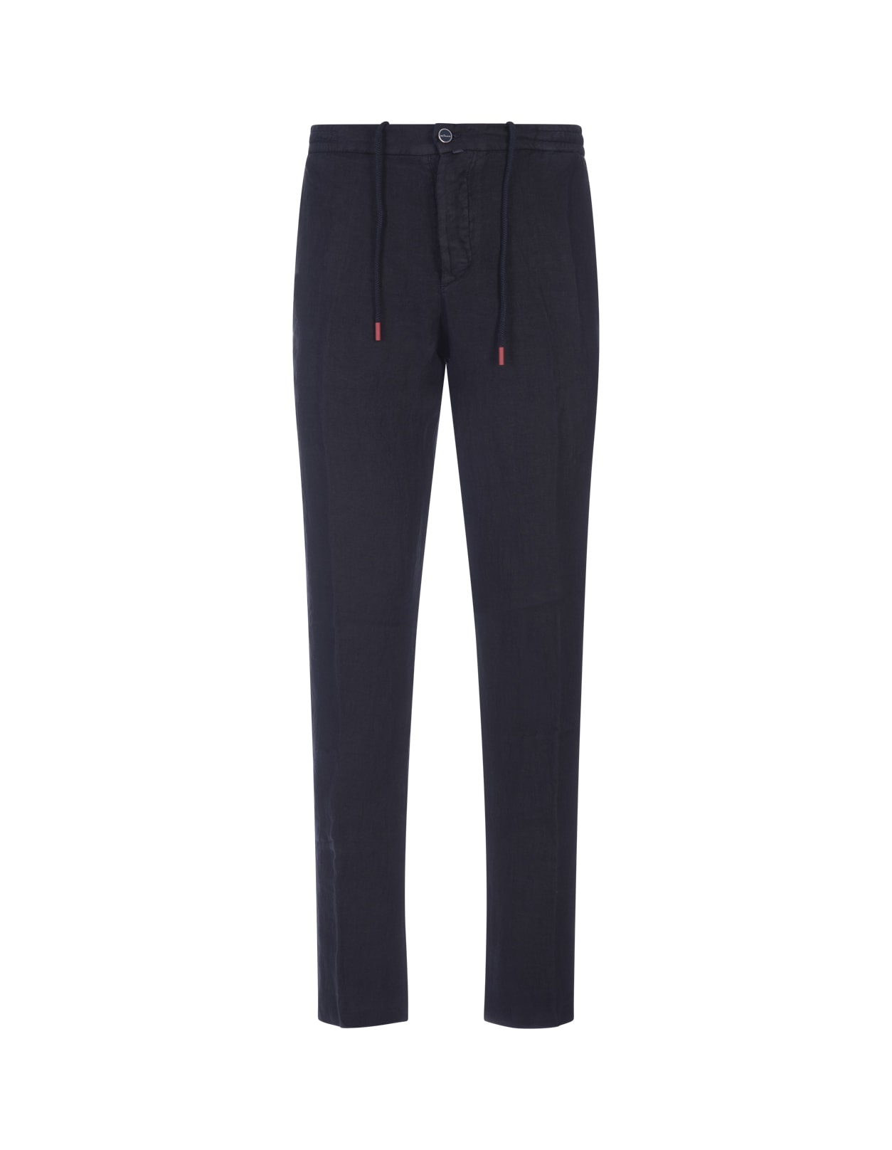 Shop Kiton Night Blue Linen Trousers With Elasticised Waistband