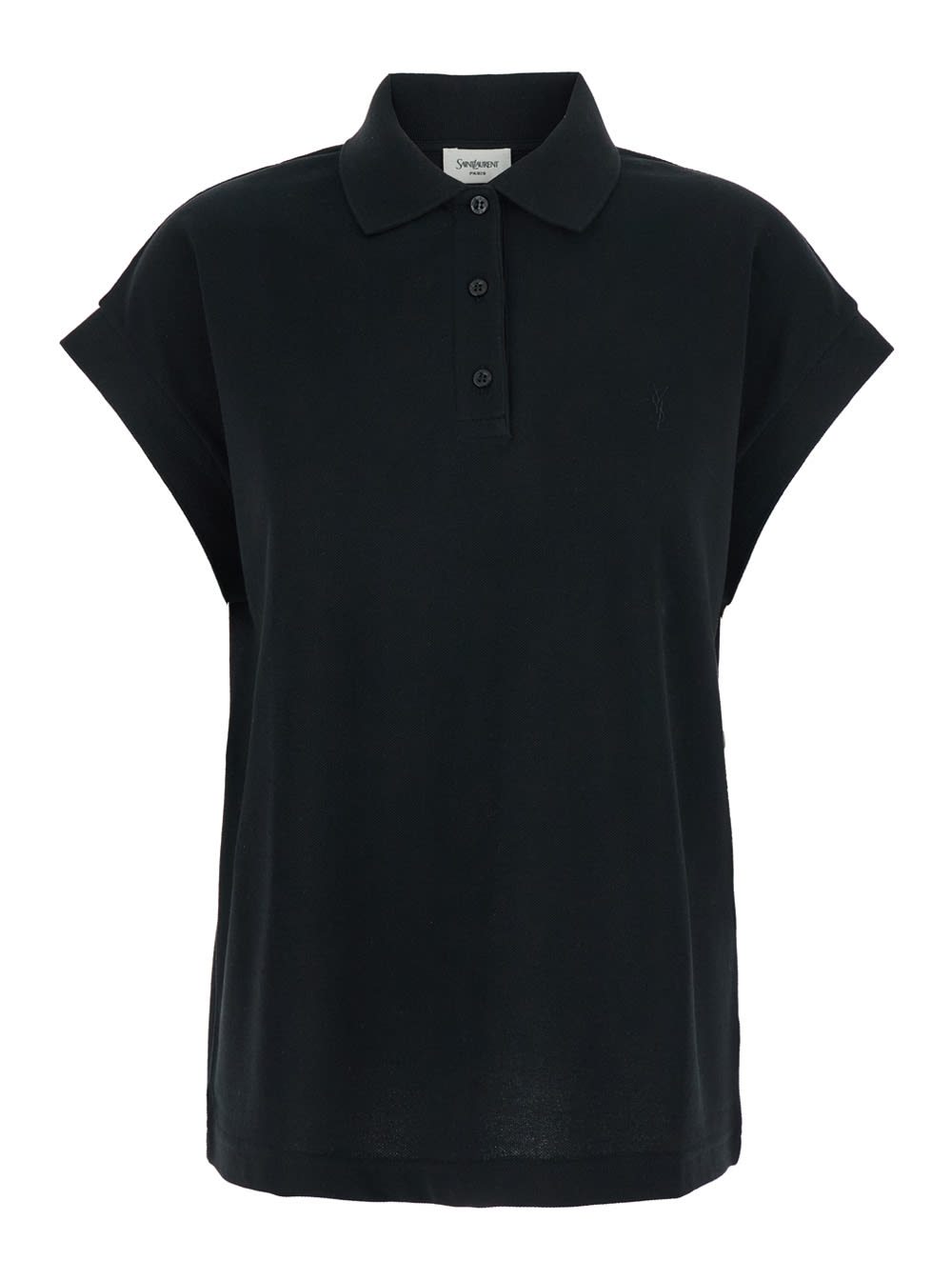 Shop Saint Laurent Black Sleeveless Polo Shirt With Classic Collar And Cassandre Embroidery On The Front In Cotton Woma