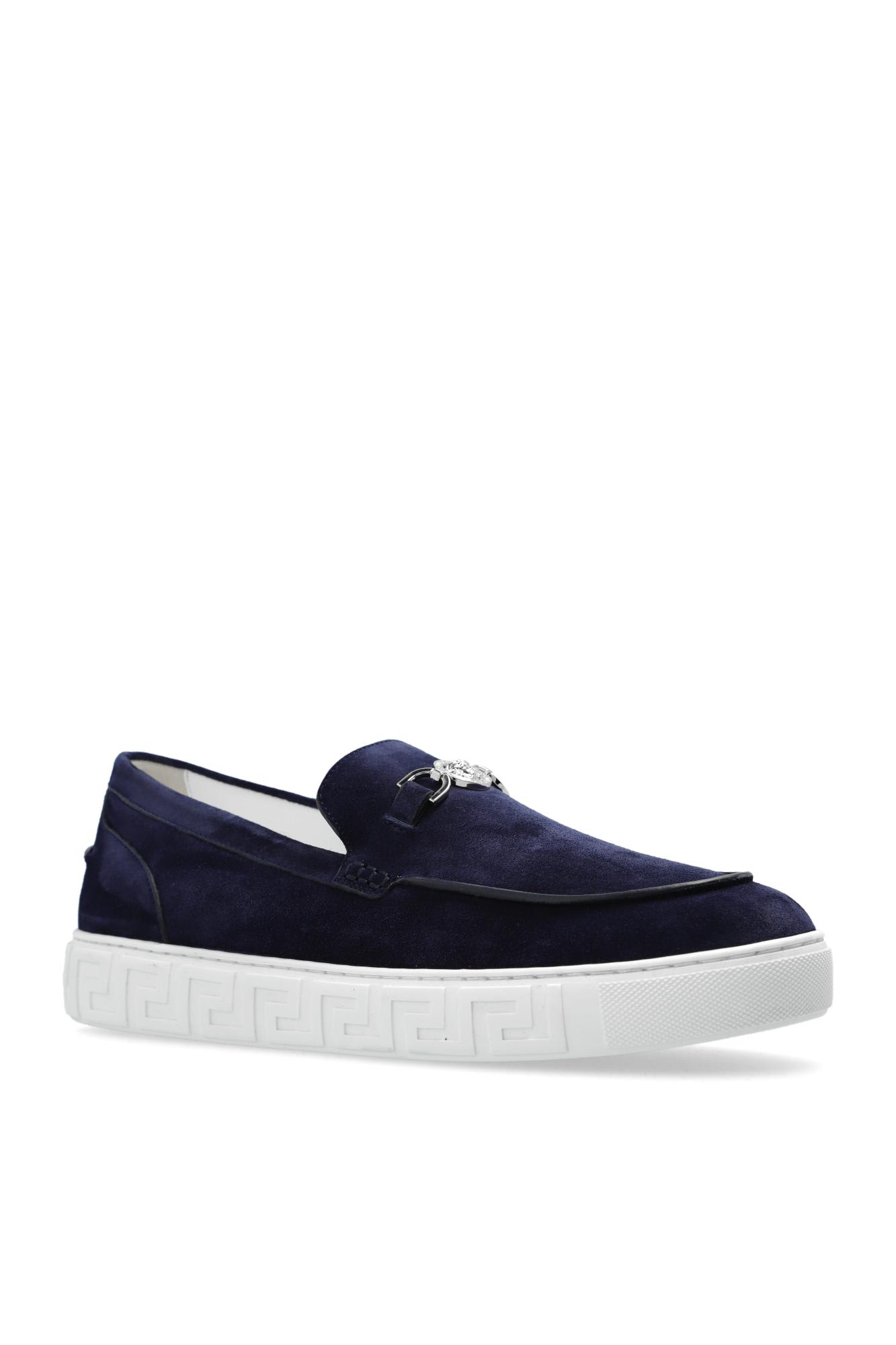 Shop Versace Suede Loafers In Blue
