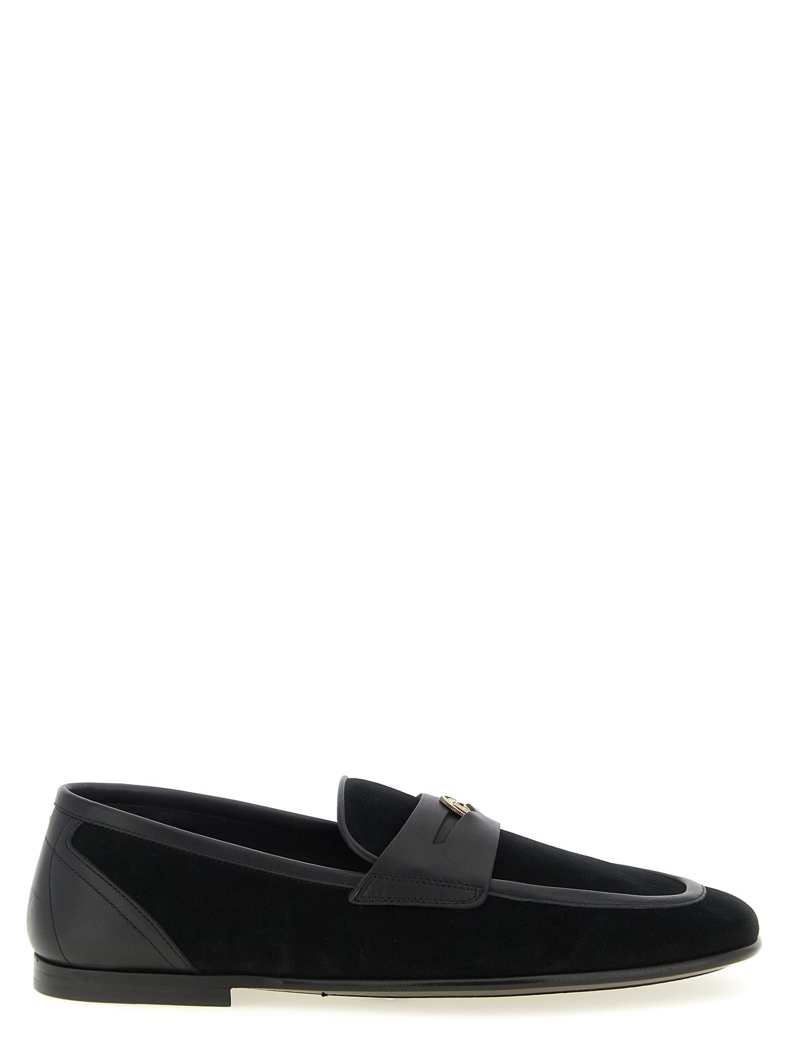 Dolce & Gabbana Ariosto Black Loafers With Metallic Dg Logo Plate On The Front In Leather And Suede Man In Black