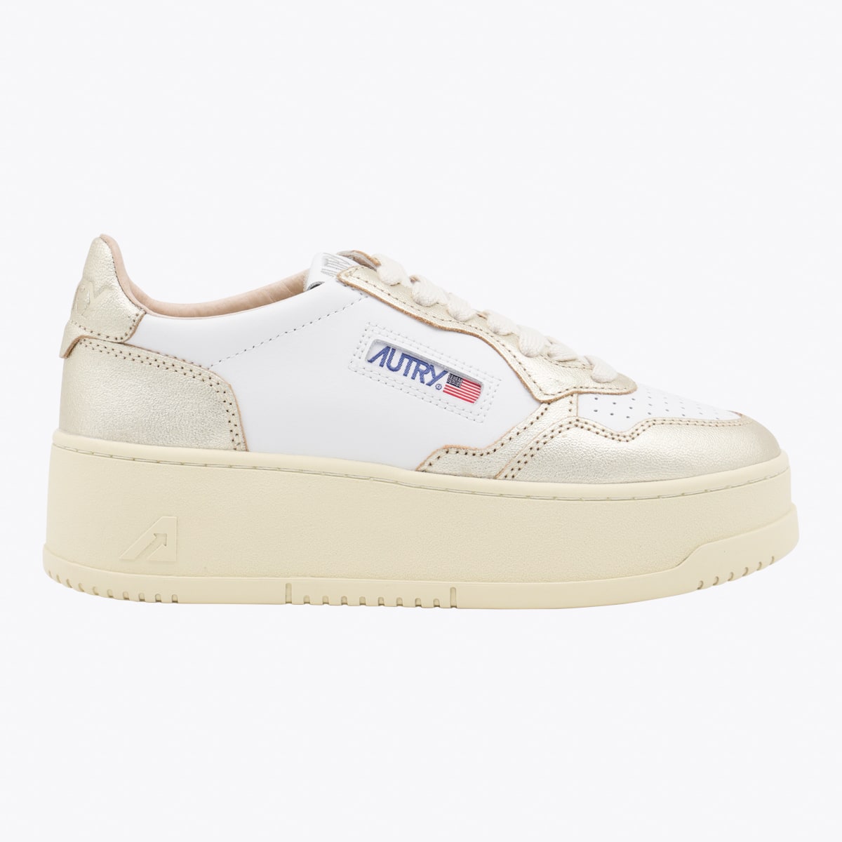 Autry Low Top Leather Sneakers With Metallic Panels In Gold