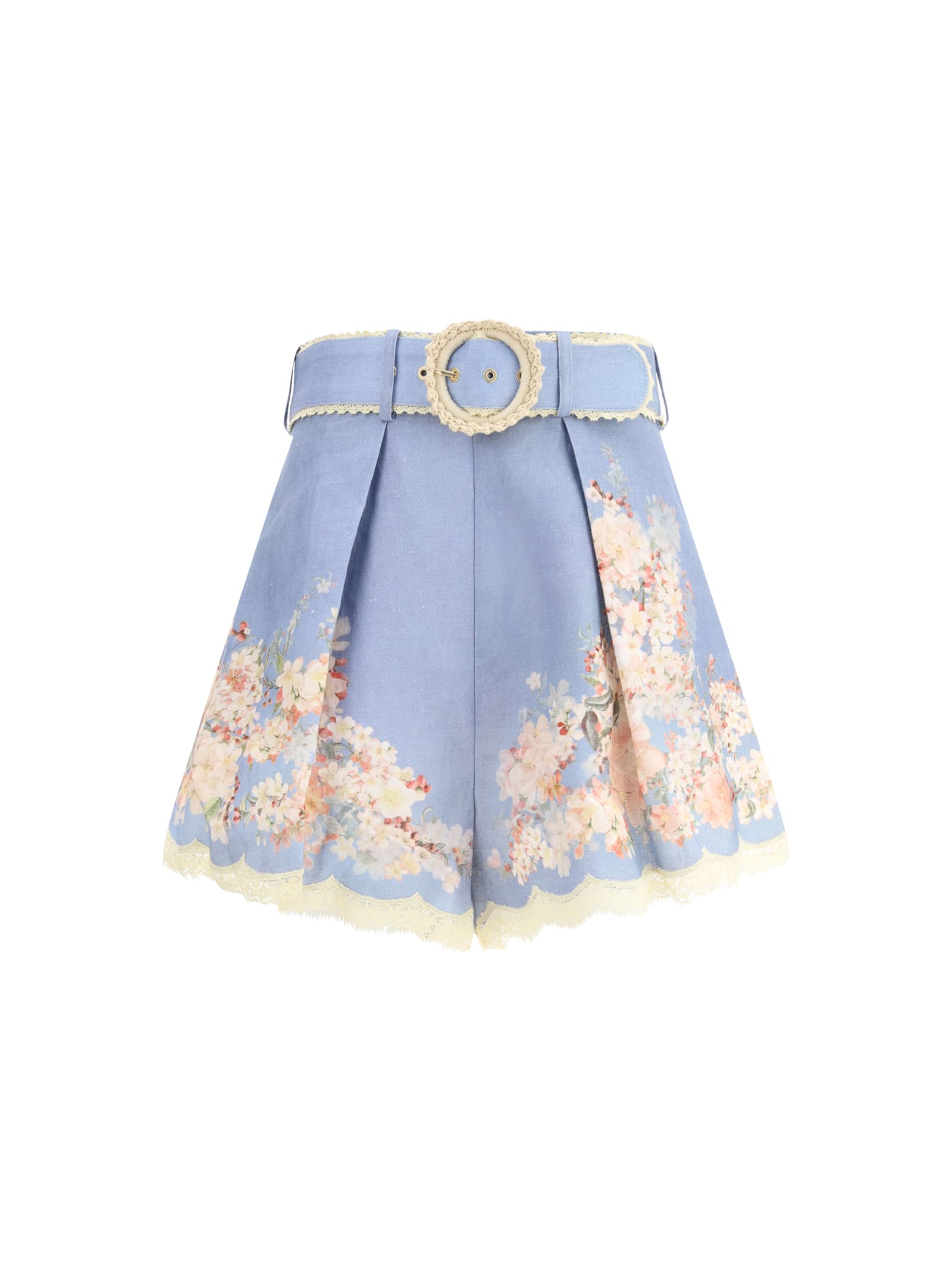 Zimmermann Cascadian Belted Lace-trimmed Pleated Floral-print Linen Shorts In Blue