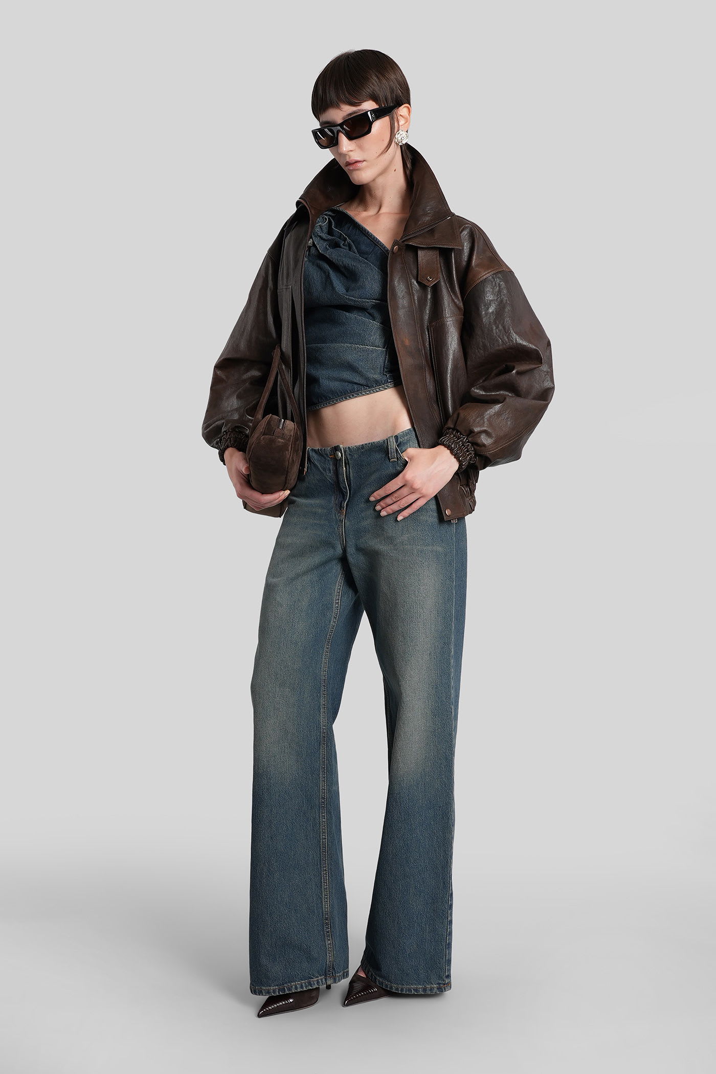 Magda Butrym Oversized High Neck Leather Jacket In Brown