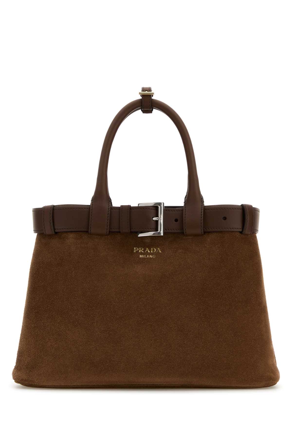 Prada Brown Suede Buckle Medium Handbag In Cacao