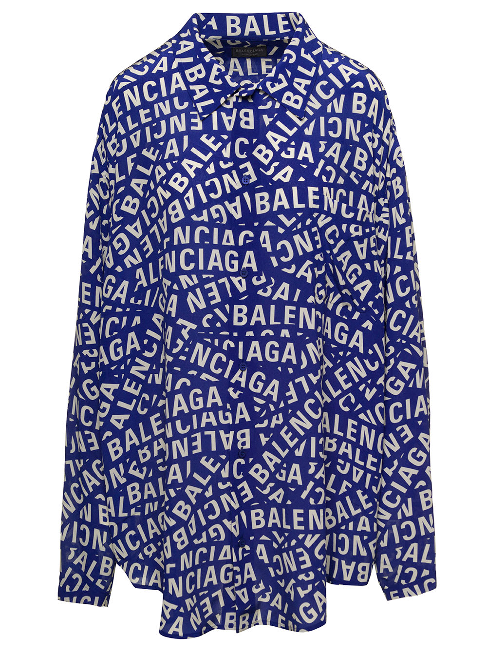 Balenciaga Blue Shirt With All-over Logo Print In Silk Woman