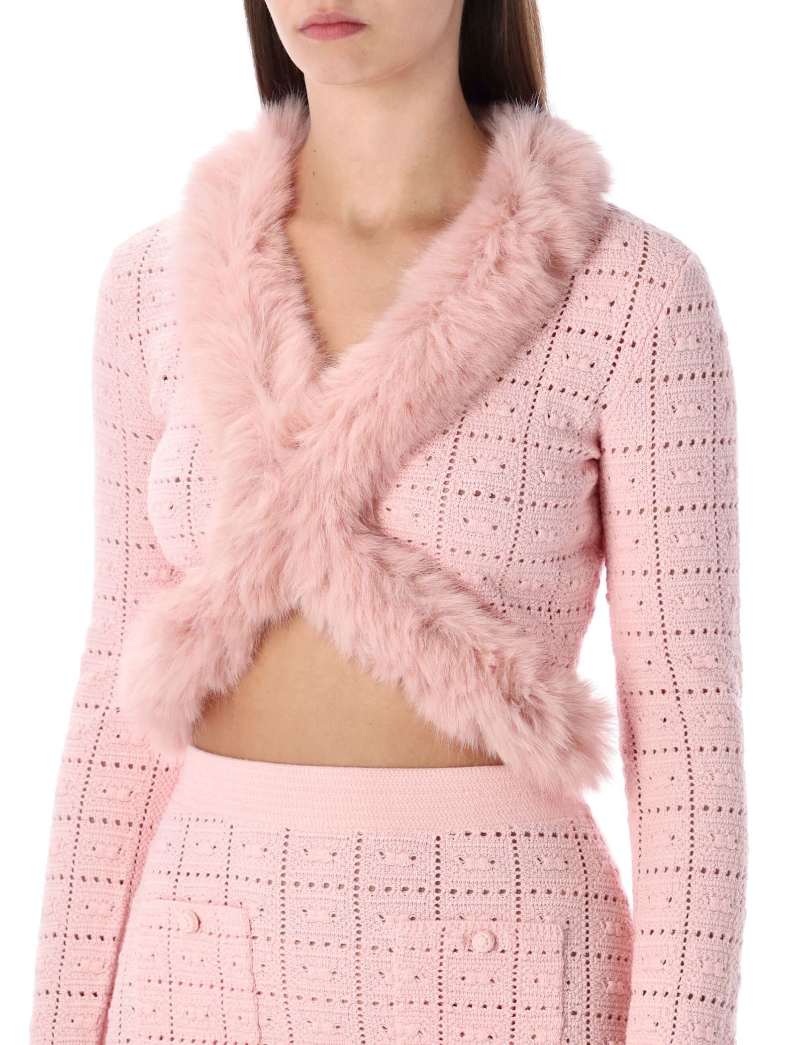 Self-portrait Pink Knit Cropped Cardigan With Faux Fur Collar In Pink
