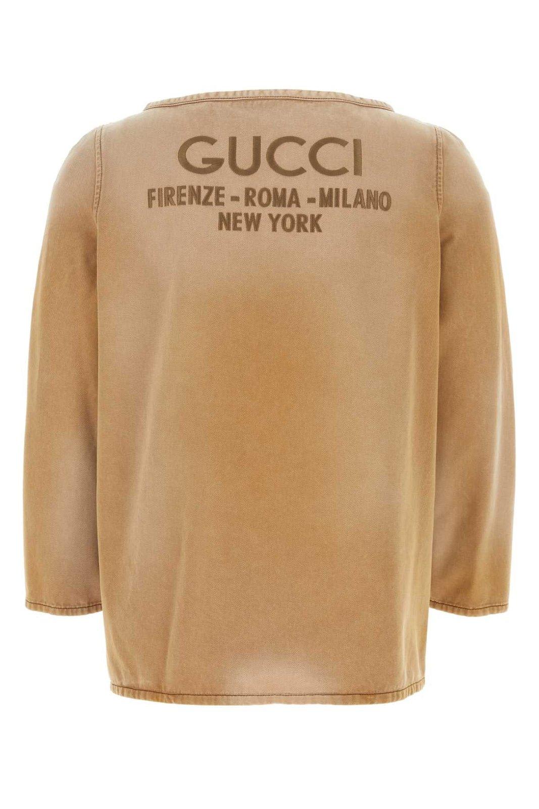 Shop Gucci Embroidered Denim T-shirt In Brown