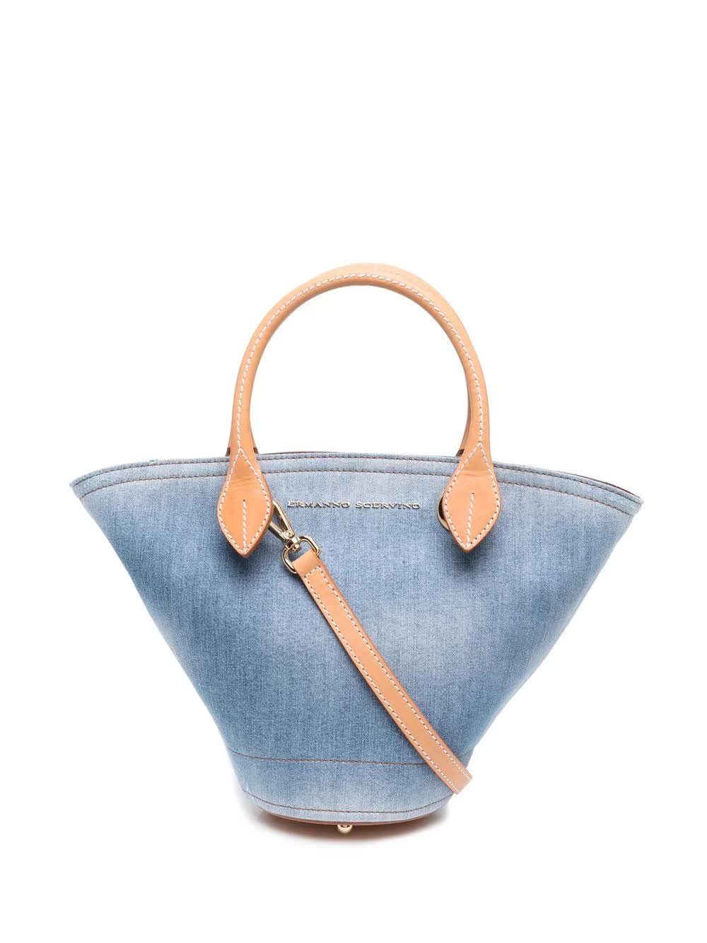 ERMANNO SCERVINO SMALL BLUE DENIM BUCKET BAG WITH LEATHER HANDLES,D383S433JNO 94037