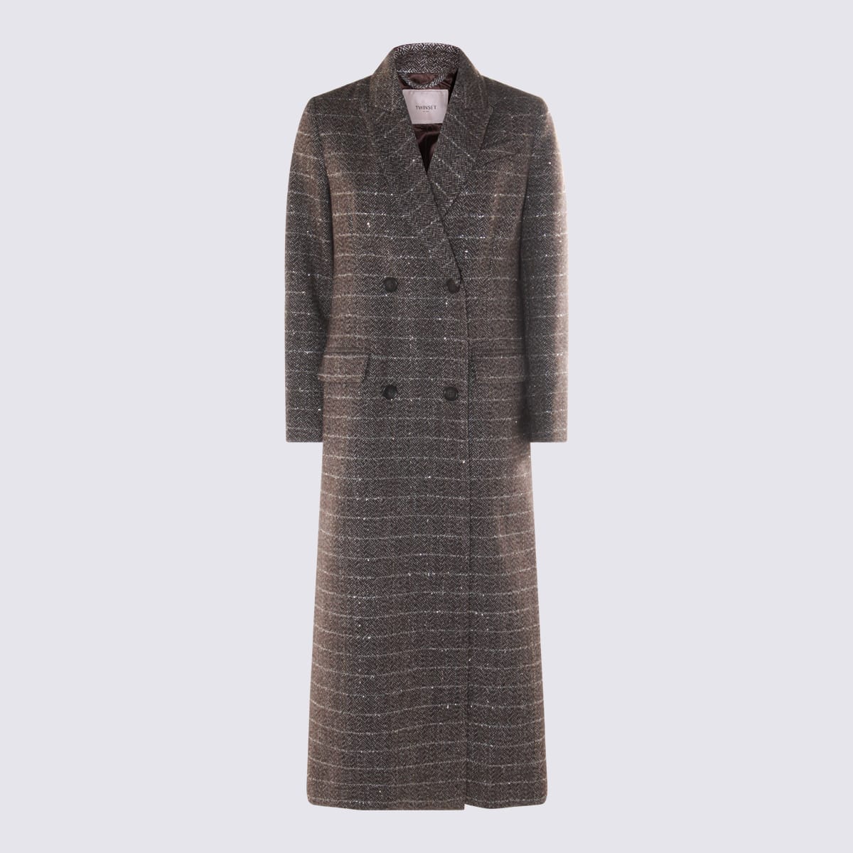 Twinset Herringbone Double-breasted Coat In Gray