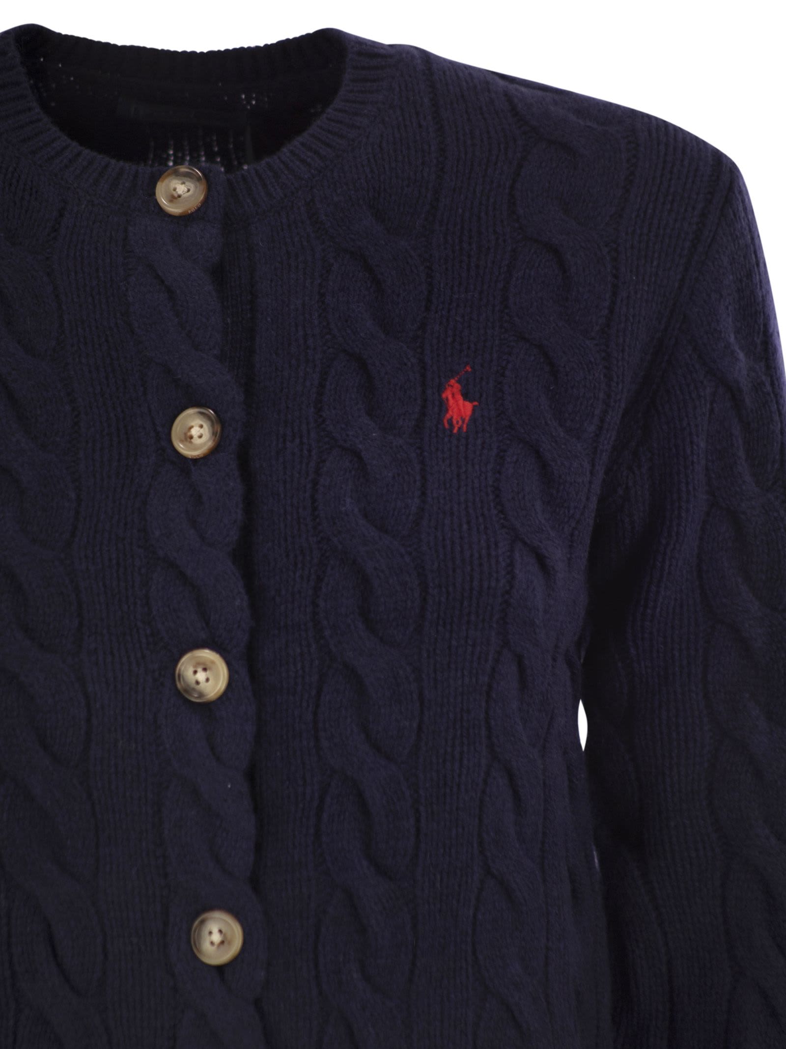 Polo Ralph Lauren Pony Cable-knit Wool And Cashmere Cardigan In Blue