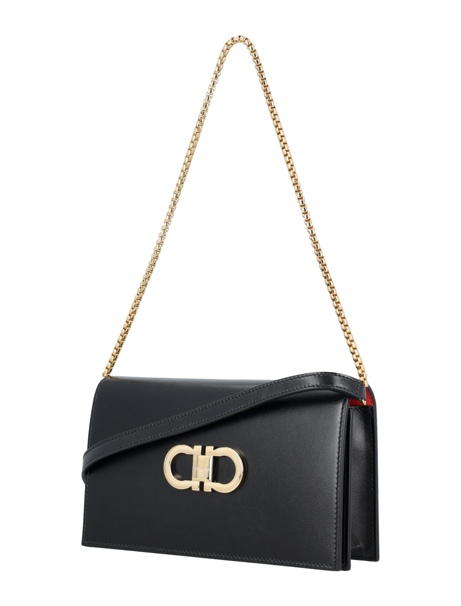 Shop Ferragamo Gancini Flap Leather Shoulder Bag In Nero + Flame Red