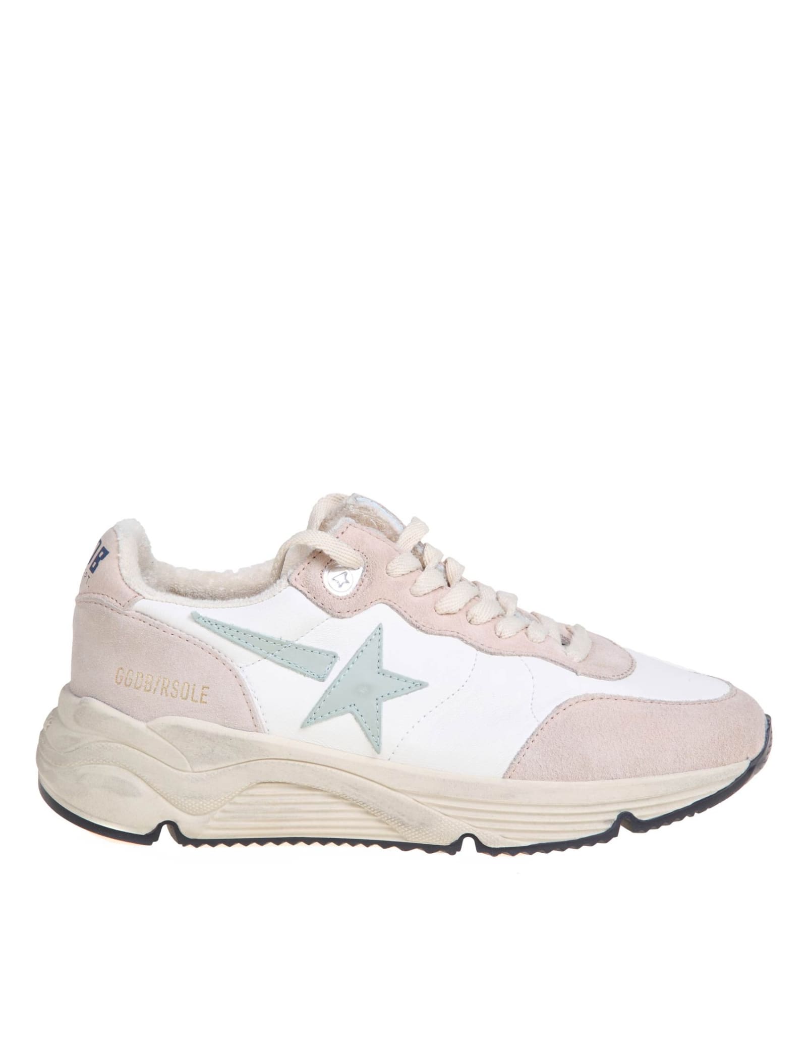 Golden Goose Sneakers Running Sole In White And Nude Leather In White/nude/aquamarine