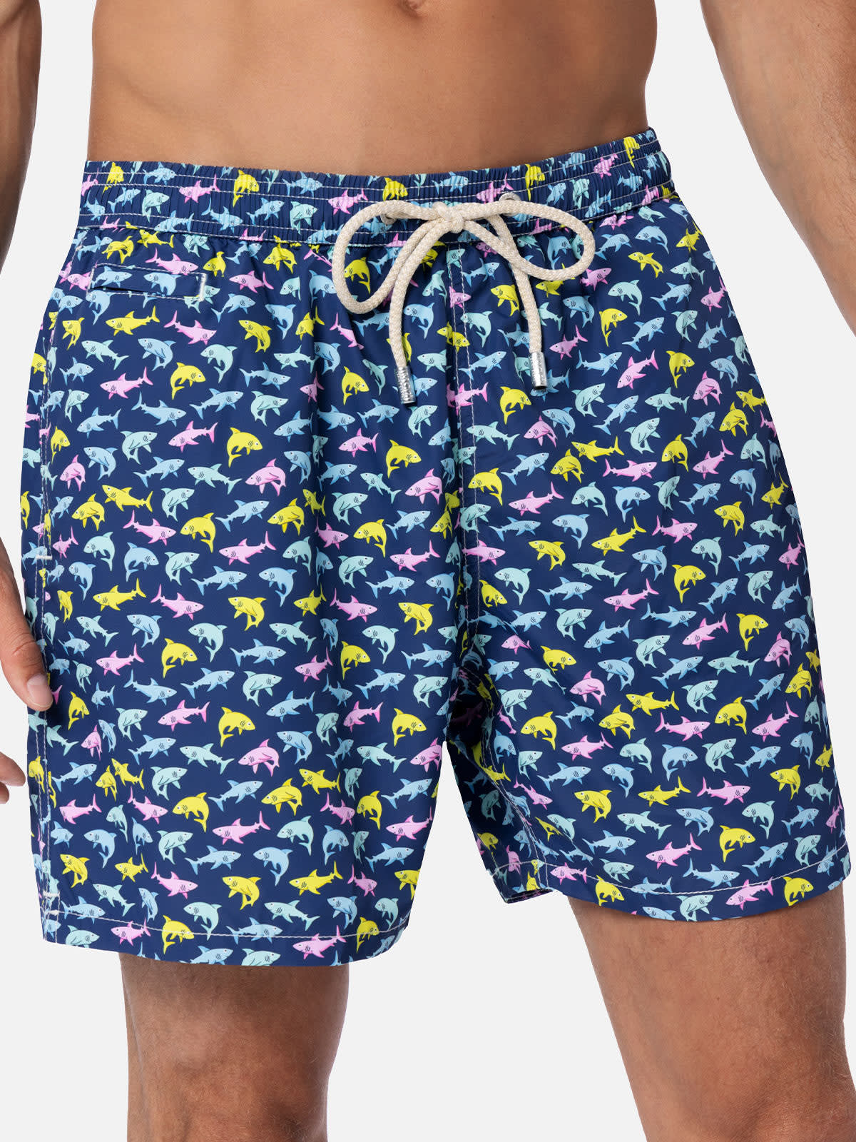 MC2 SAINT BARTH MAN LIGHTWEIGHT FABRIC SWIM-SHORTS LIGHTING MICRO FANTASY WITH SHARK PRINT