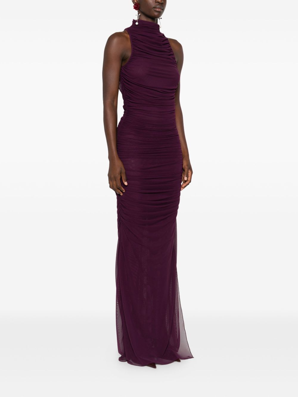 Amen Sleeveless Purple Mesh Draped Dress In Animal Print