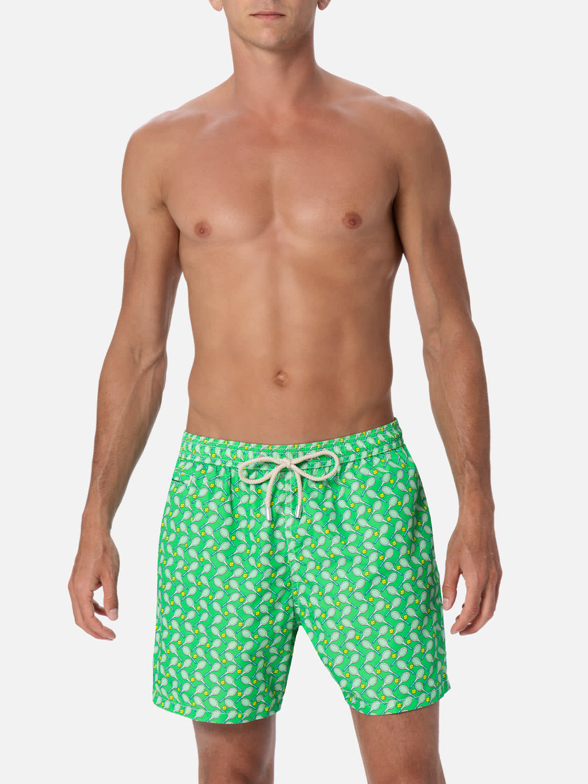 Mc2 Saint Barth Man Lightweight Fabric Swim-shorts Lighting Micro Fantasy With Tennis Print In Green