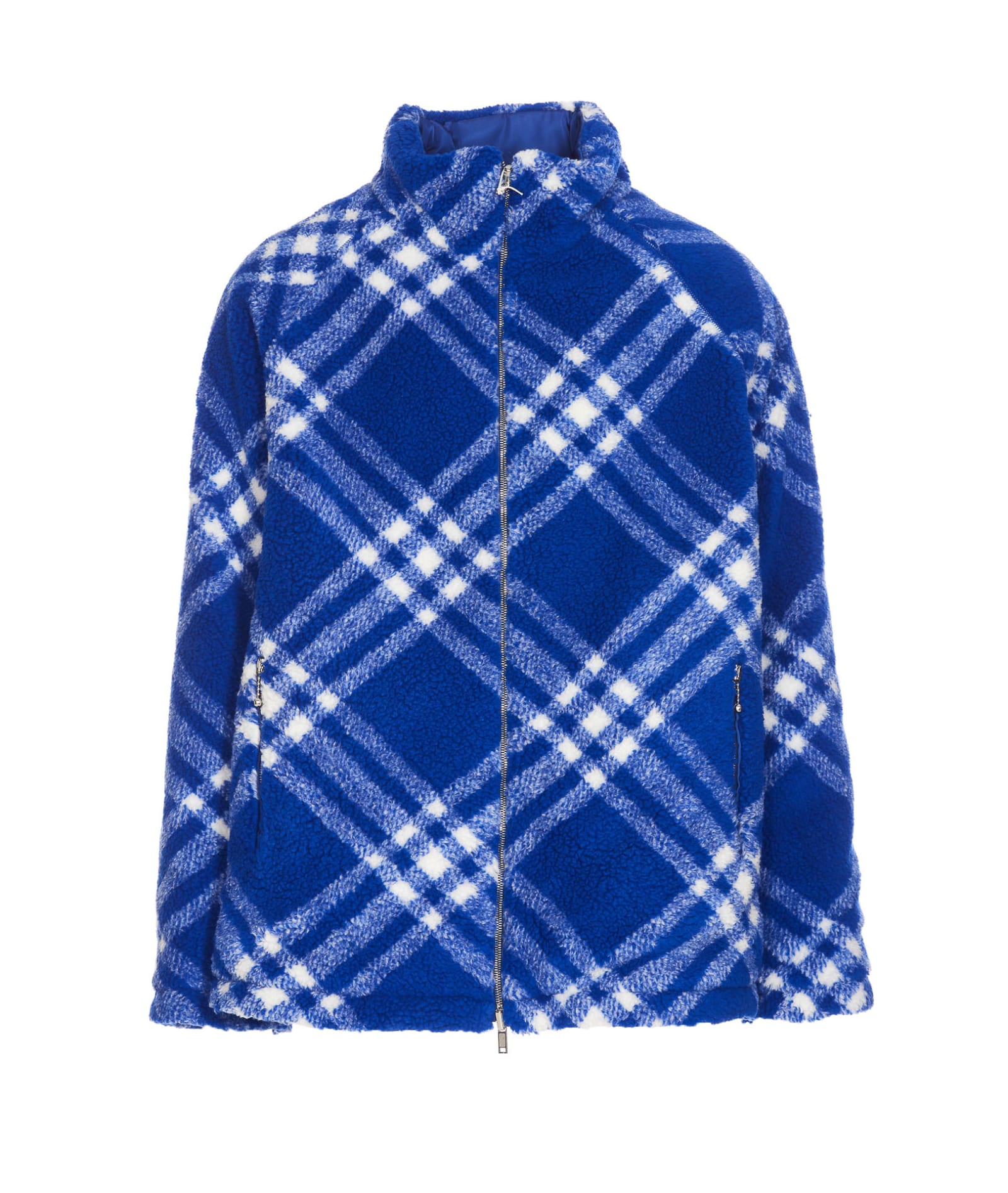 Shop Burberry Check Fleece Reversible Jacket In Blue