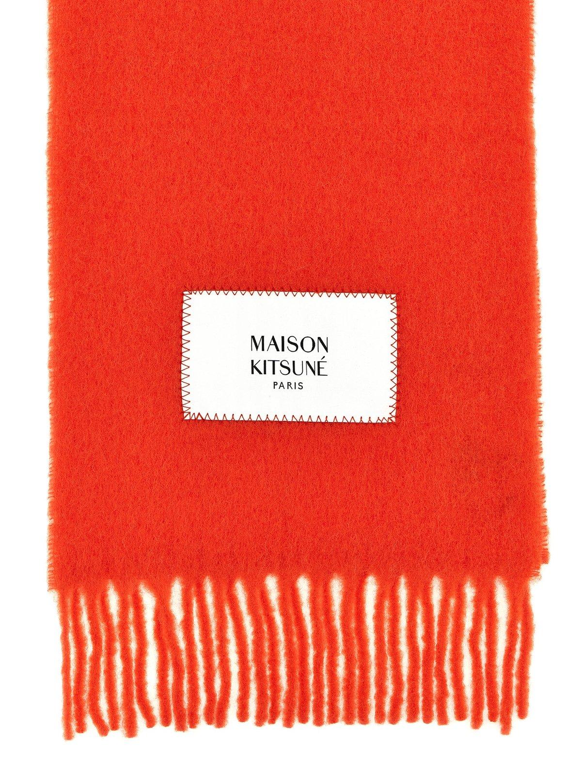 Shop Maison Kitsuné Logo-patch Knit Fringed Scarf In Red