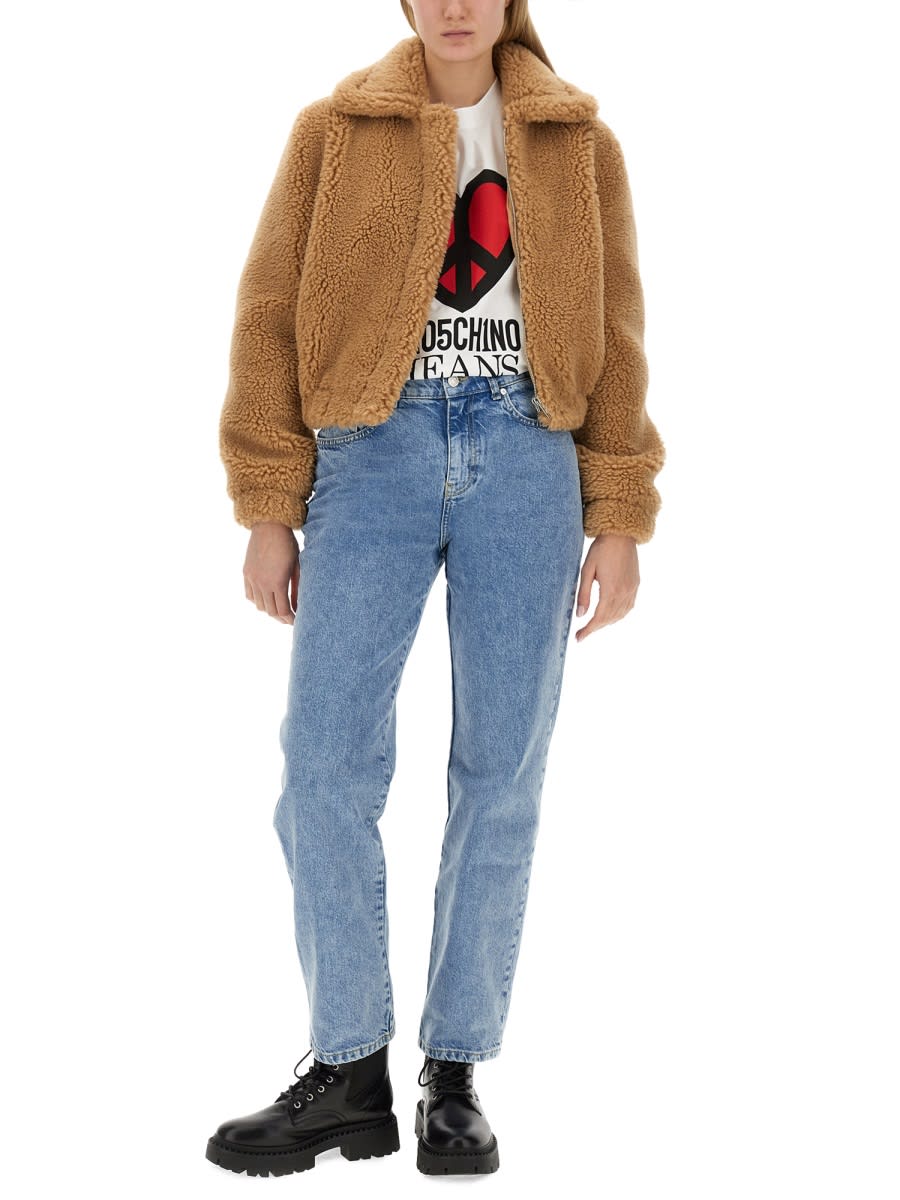 Shop M05ch1n0 Jeans Furry Effect Jacket In Beige