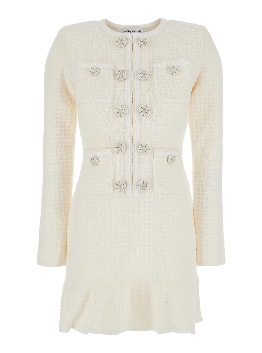 Shop Self-portrait Cream Buttoned Knit Mini Dress In White