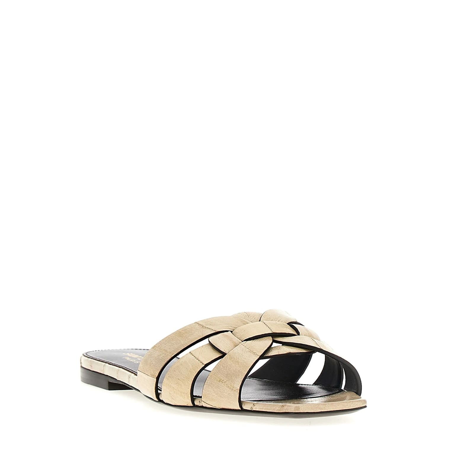 Shop Saint Laurent Tribute Eel Leather Flat Sandals In Beige