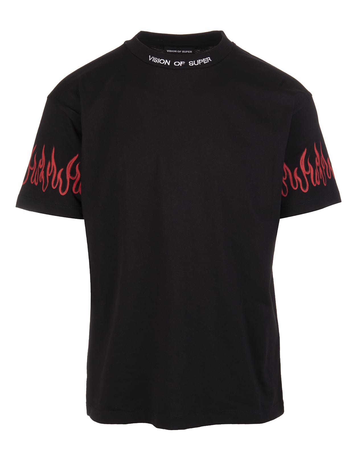 Vision of Super Black Unisex T-shirt With Logo And Red Spray Flames Print