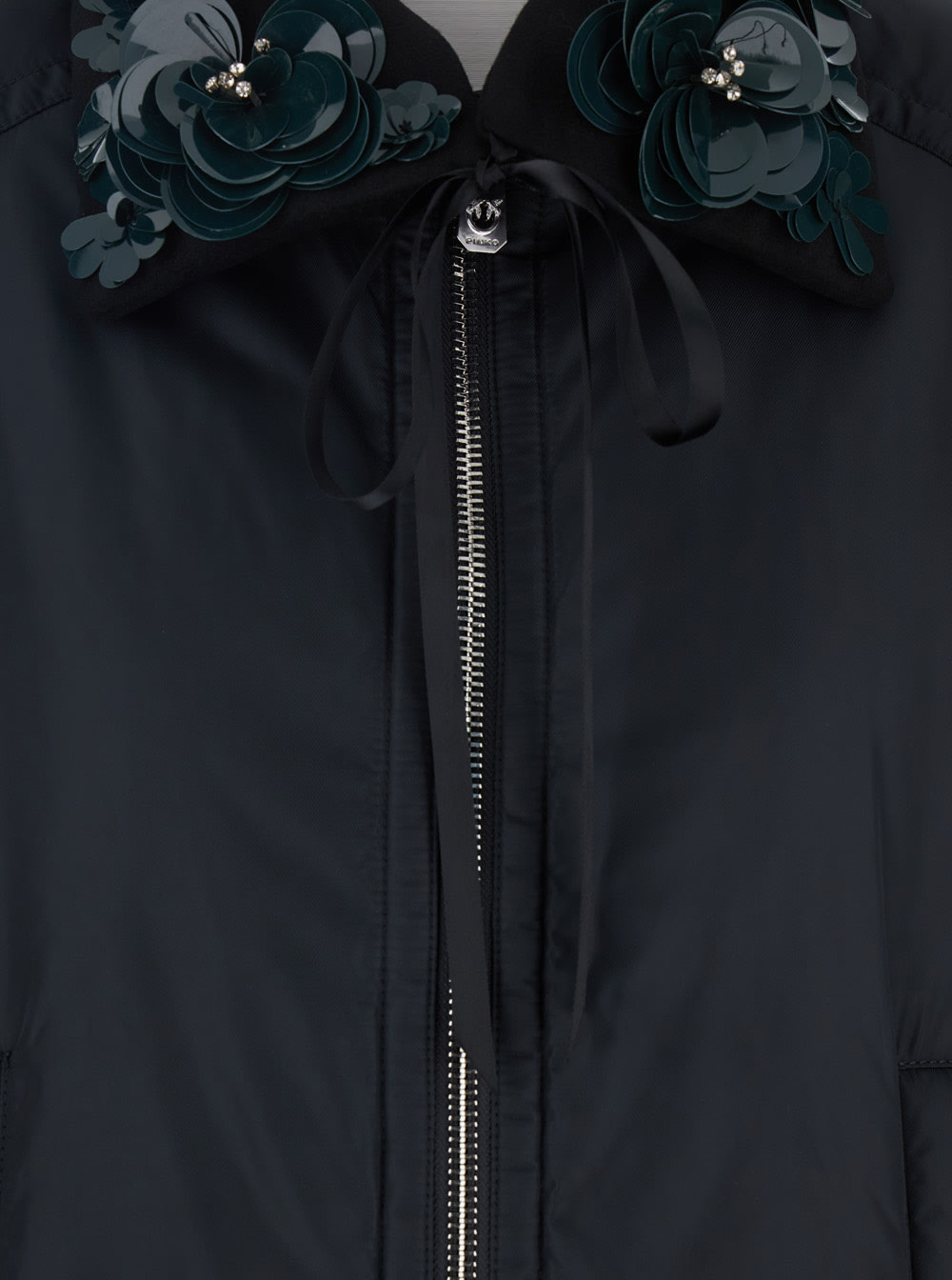 Pinko Clarinda Blue Jacket With Removable Sequin Collar And Drawstring Waist In Tech Fabric Woman In Blue