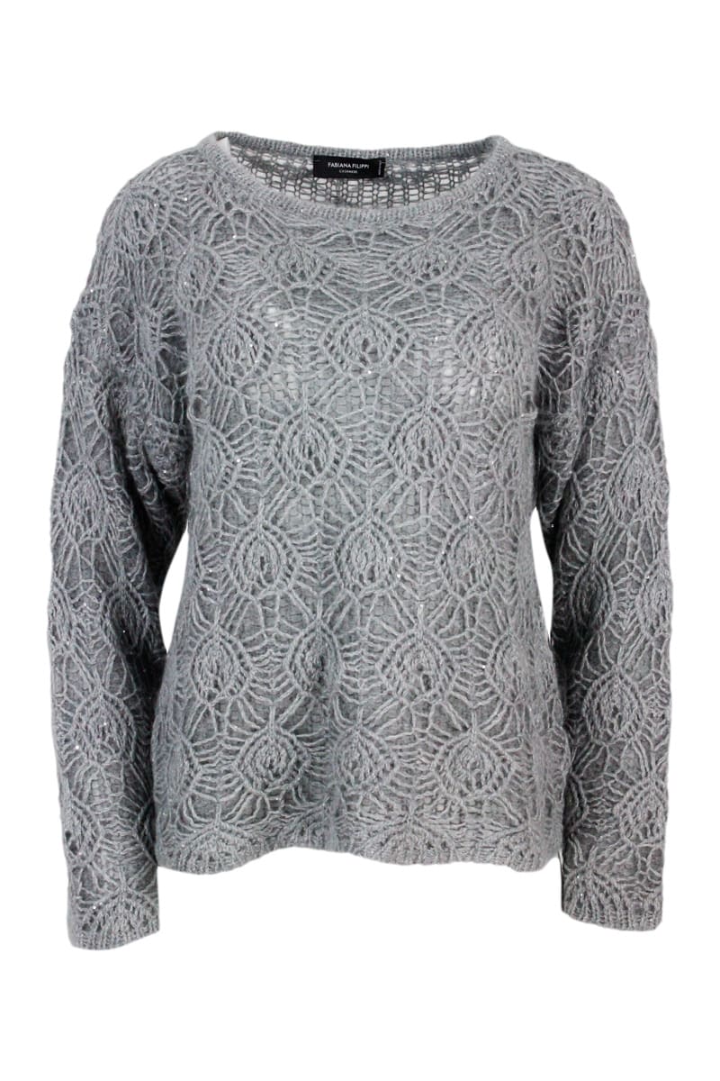 Fabiana Filippi Long-sleeved Boat Neck Sweater In Mohair With Embroidery Stitch With Sequins
