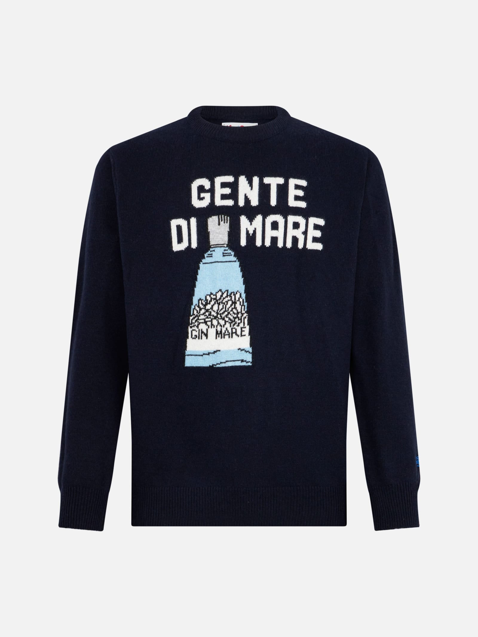 Shop Mc2 Saint Barth Man Crewneck Sweater With Gente Di Mare Jacquard Print Gin Mare Special Edition In Blue