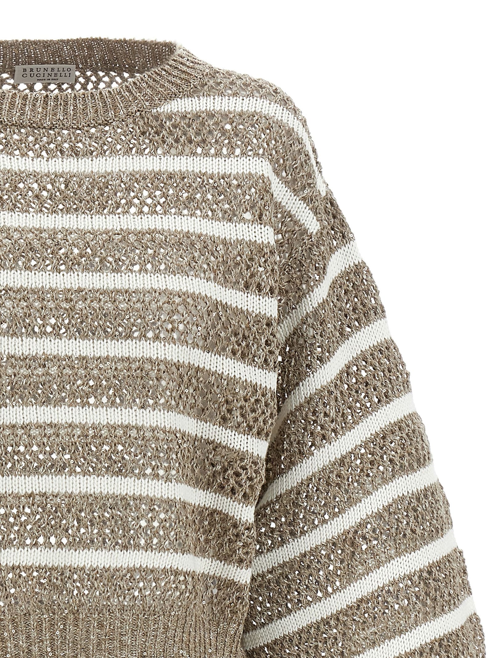 Brunello Cucinelli Dazzling Striped Net Linen Jersey In Nutshell+panama