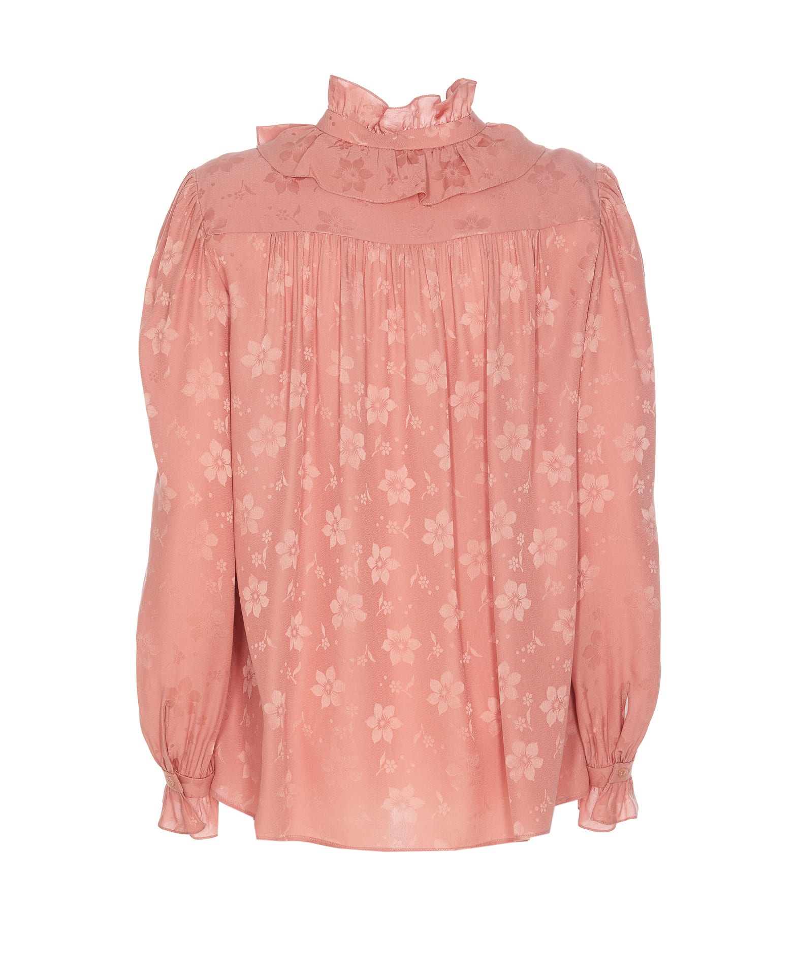 Chloé Floral Jacquard Tie-neck Ruffle Blouse