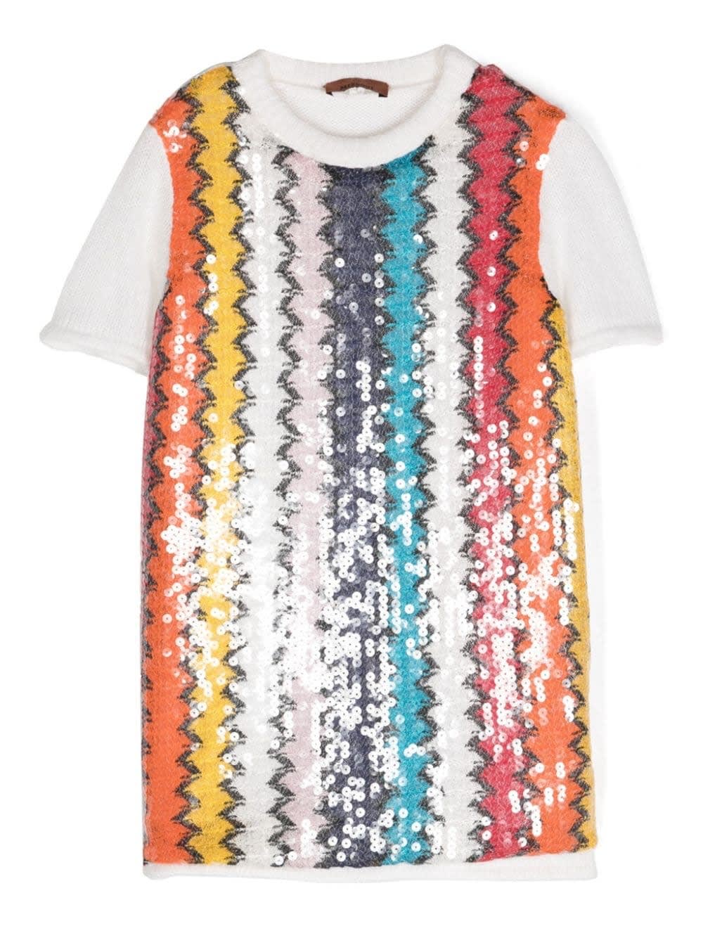 Shop Missoni Short White Dress With Chevron Sequin Pattern In Colourful