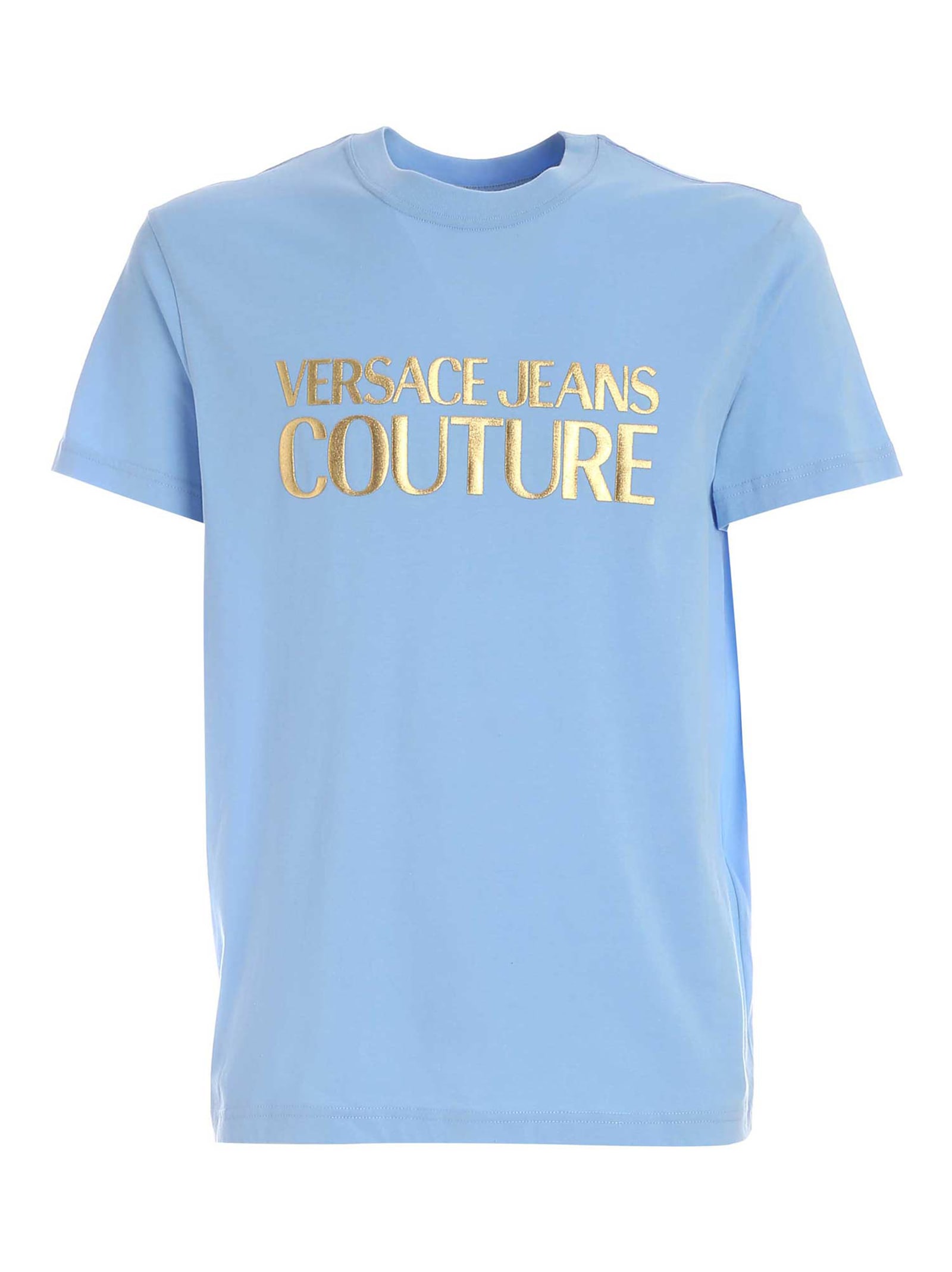 Versace Jeans Couture Laminated Rubber Logo T-shirt In Light Blue