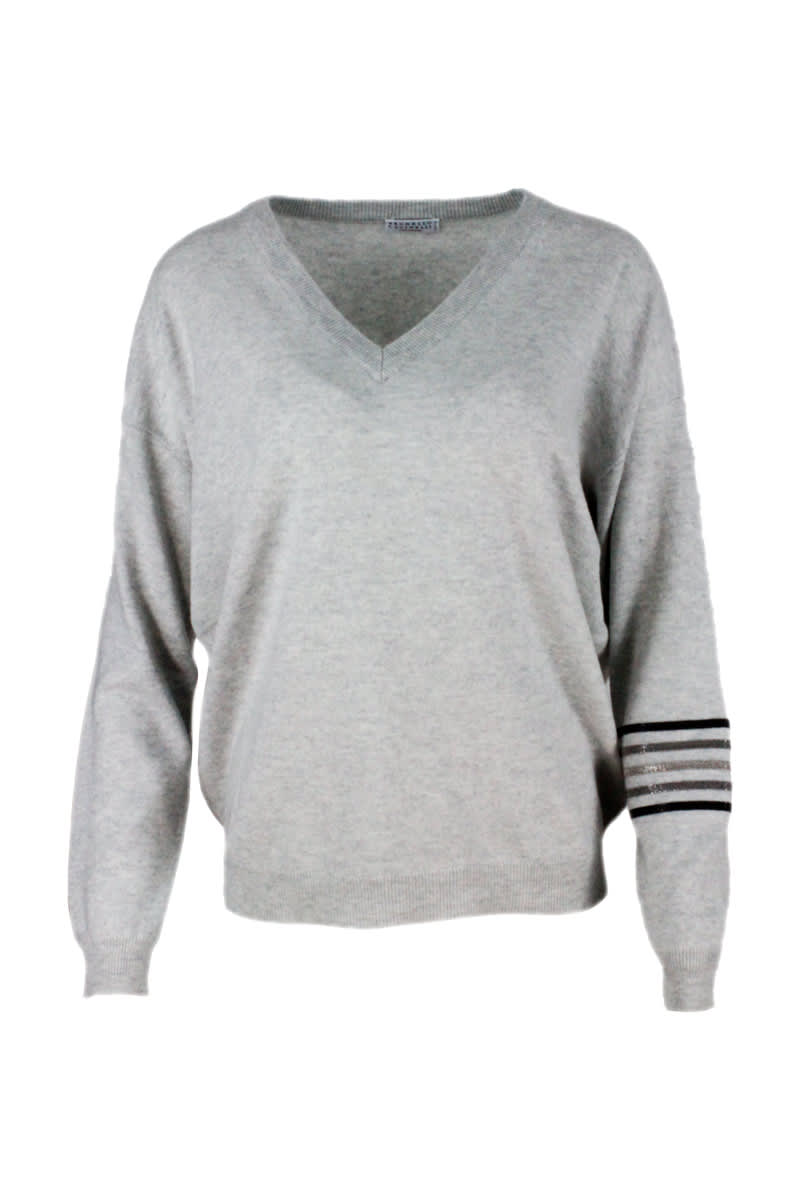 Shop Brunello Cucinelli Cashmere V-neck Sweater With Rows Of Jewels On The Arm In Grey