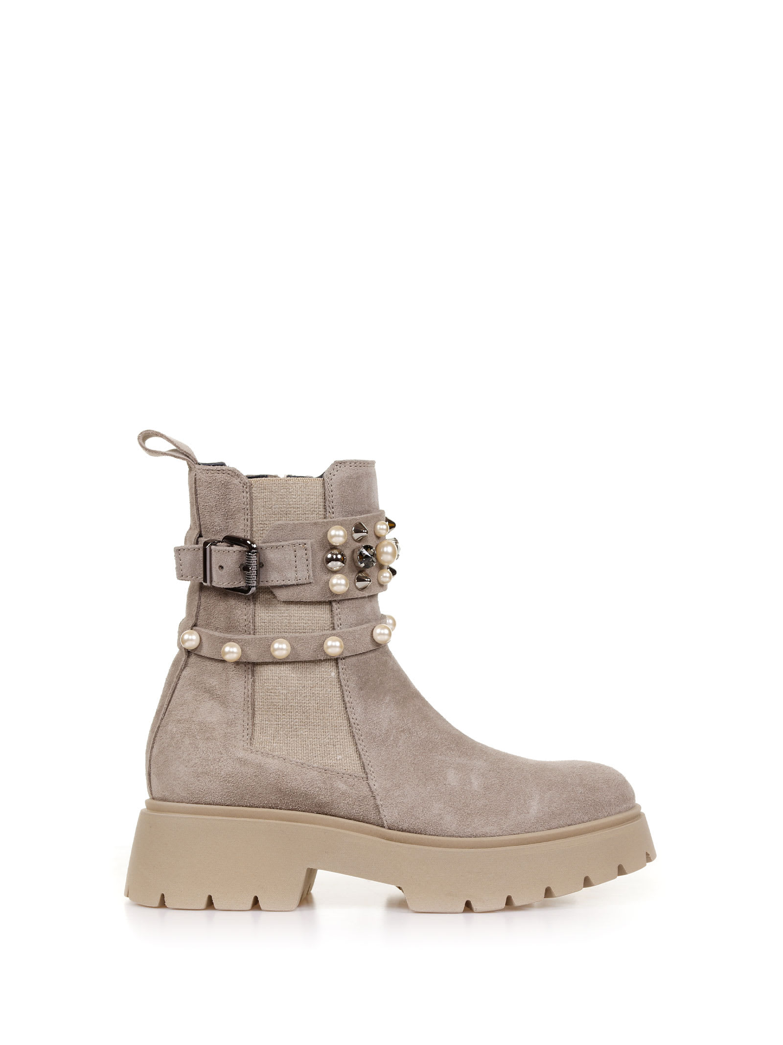 Janet & Janet Suede Ankle Boot With Pearls