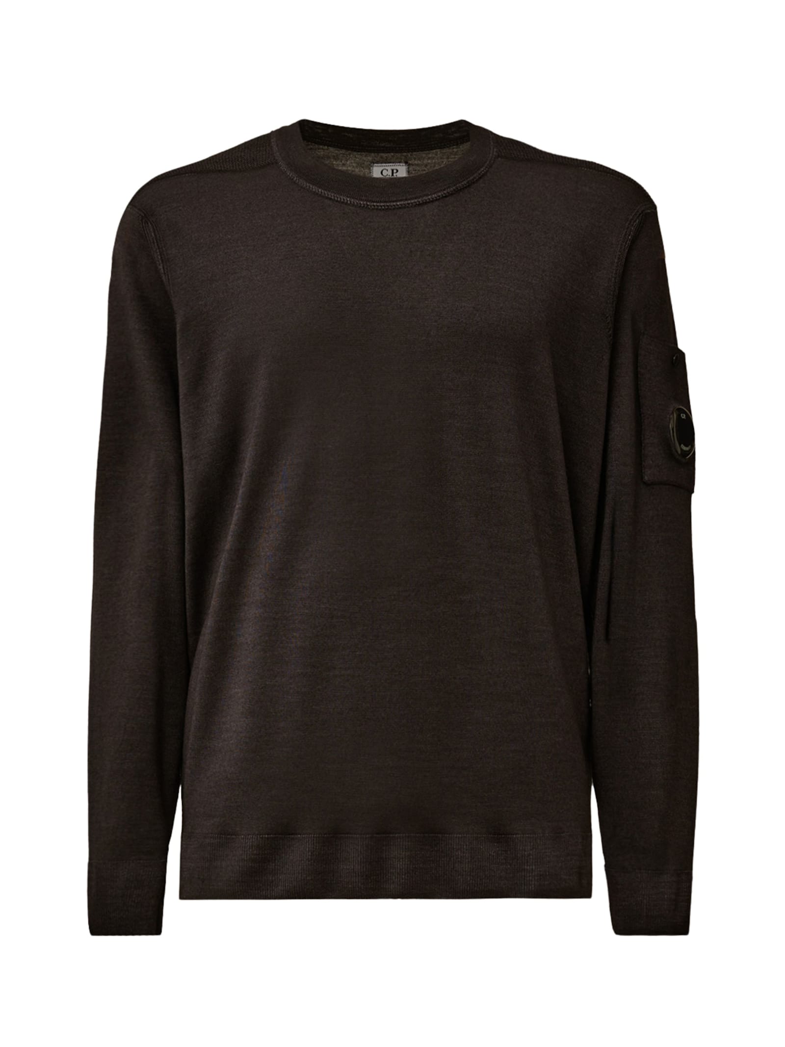 C.p. Company Fine-knit Merino Crewneck Sweater With Patch Pocket Detail In Brown