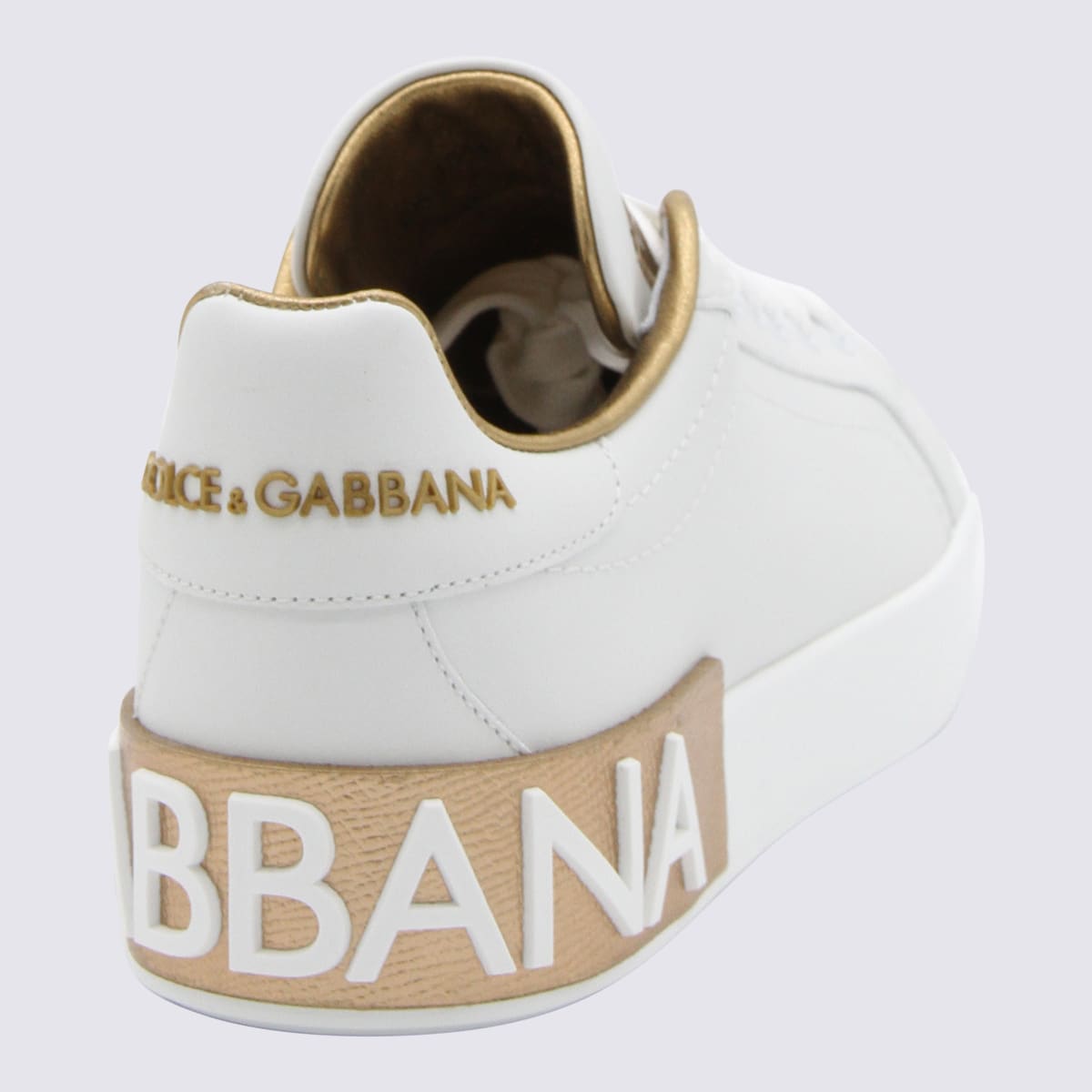 Shop Dolce & Gabbana White And Gold-tone Leather Sneakers